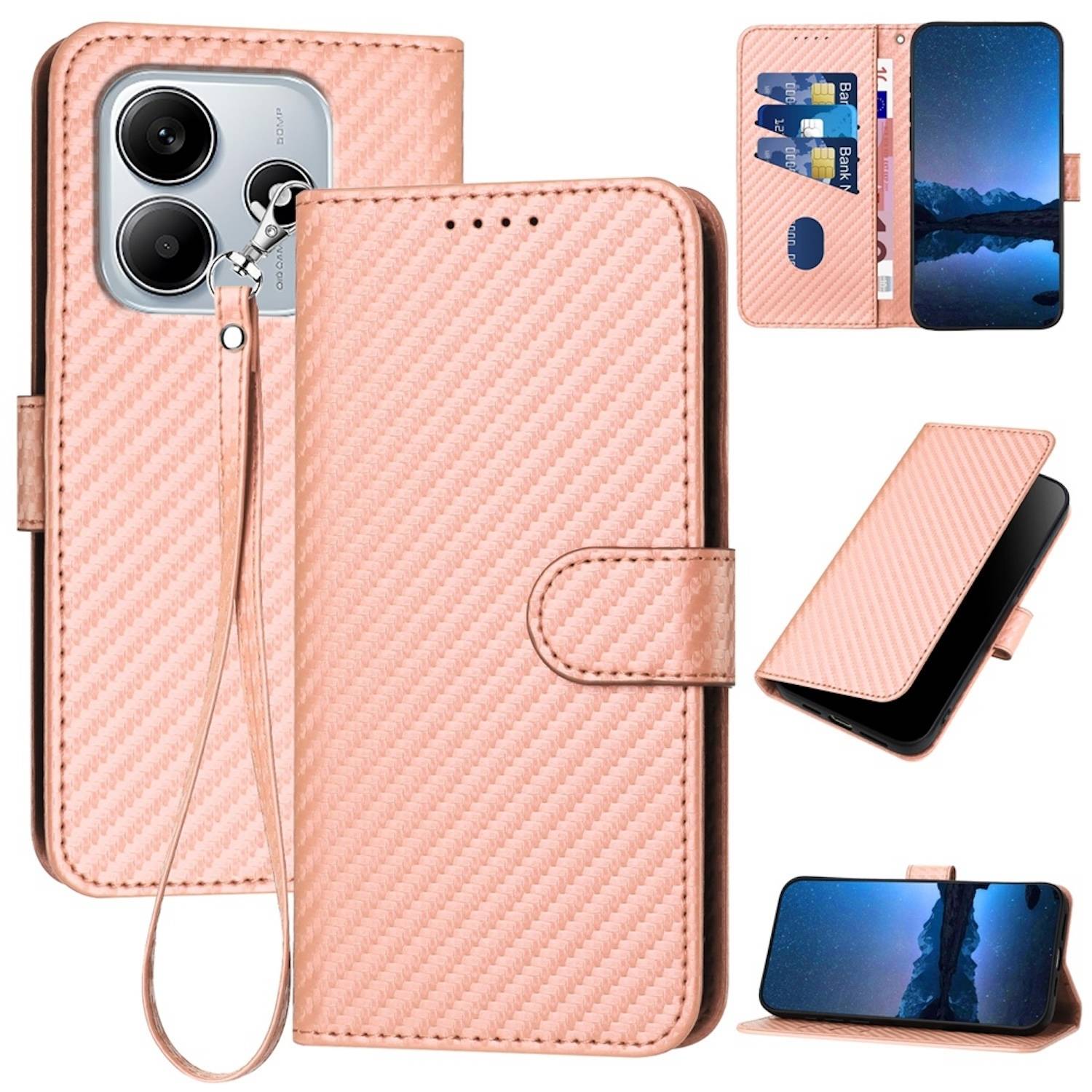 Für Xiaomi Redmi Note 14 5G Carbon Fiber Design Kunstleder Hülle Tasche mit Lanyard Rosa