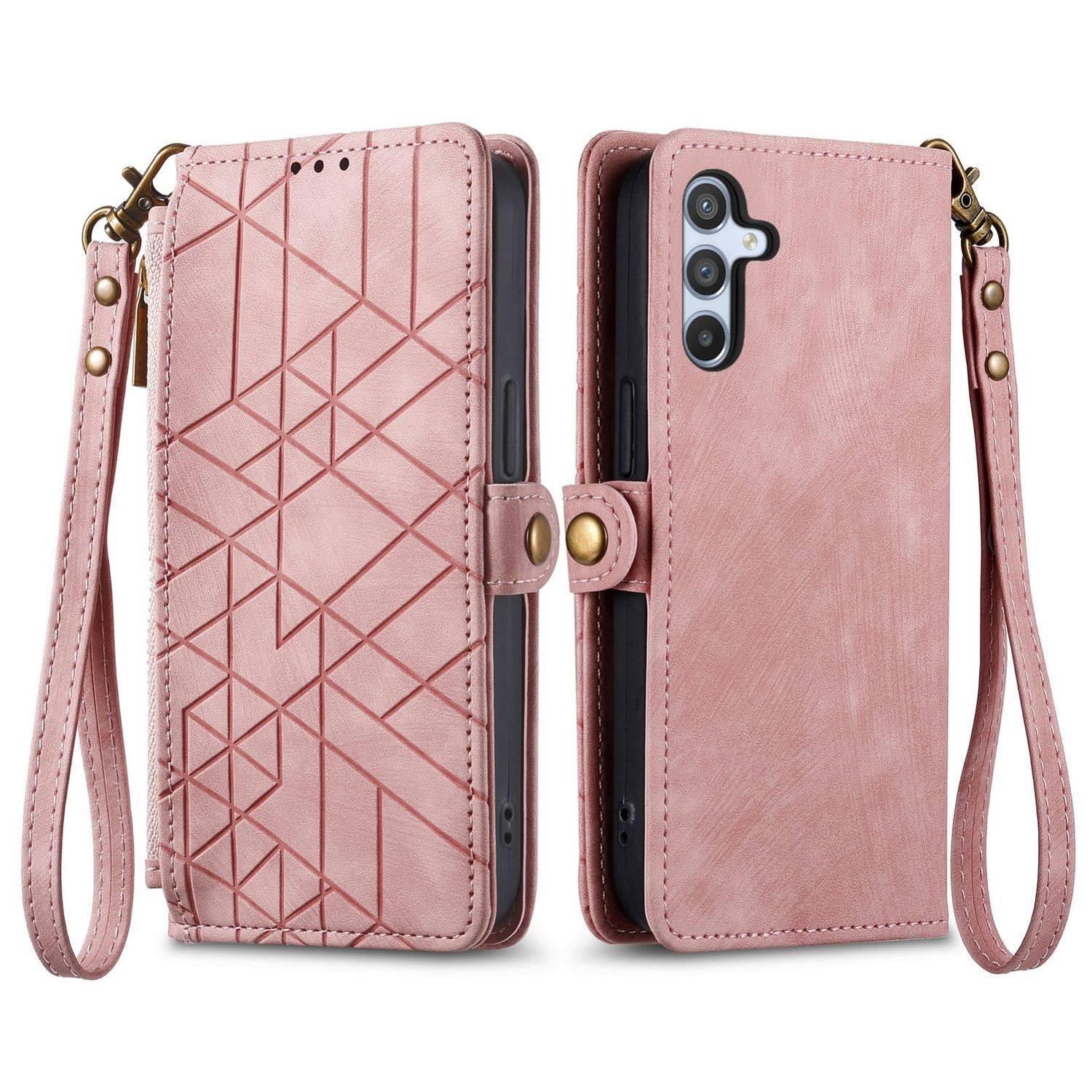 Für Samsung Galaxy A56 / A36 Geometric Design Kunstleder Zipper Book Wallet Tasche mit Schlaufe Rosa