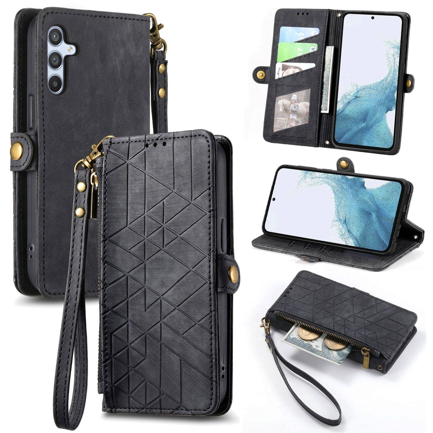Für Samsung Galaxy A56 / A36 Geometric Design Kunstleder Zipper Book Wallet Tasche mit Schlaufe Schwarz