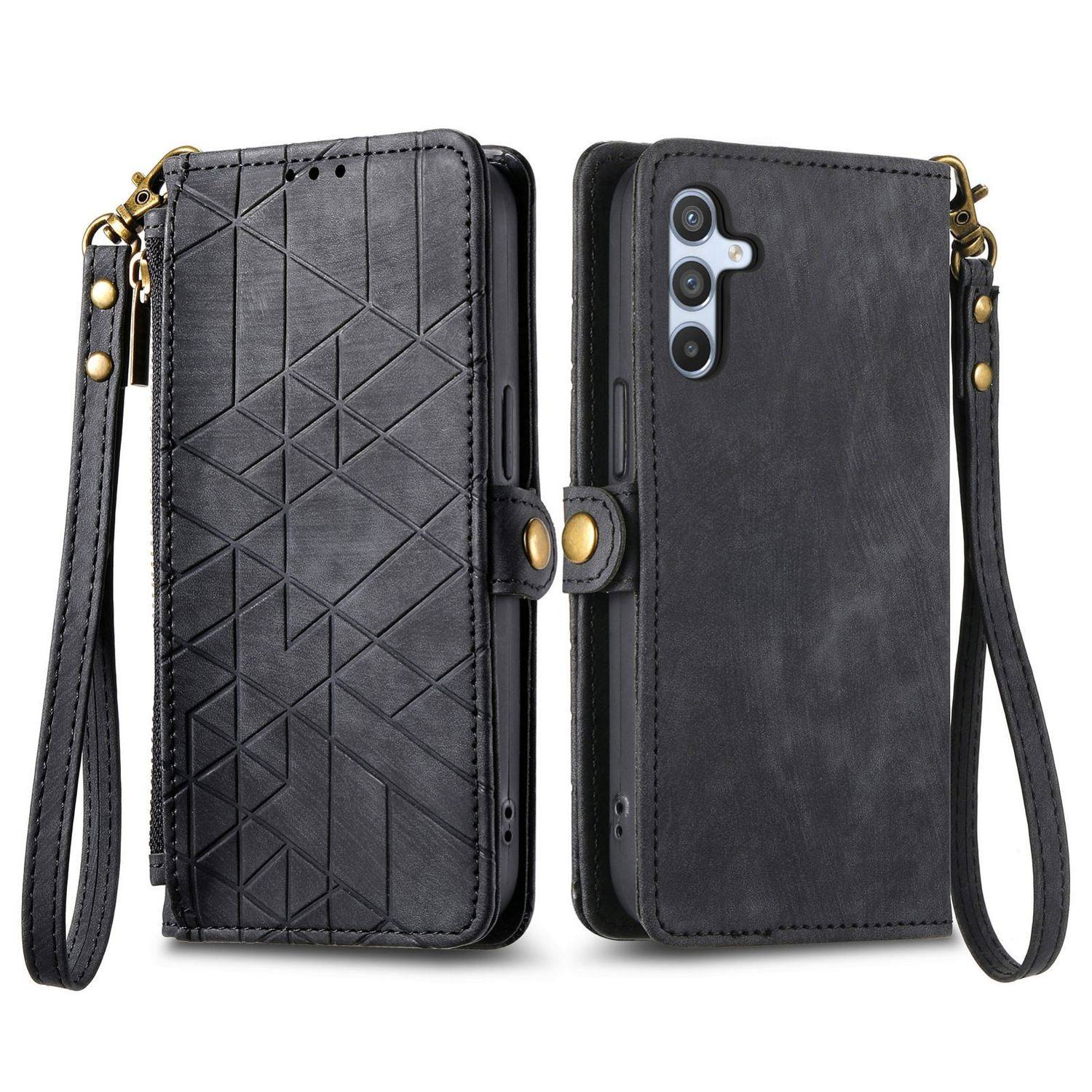 Für Samsung Galaxy A56 / A36 Geometric Design Kunstleder Zipper Book Wallet Tasche mit Schlaufe Schwarz