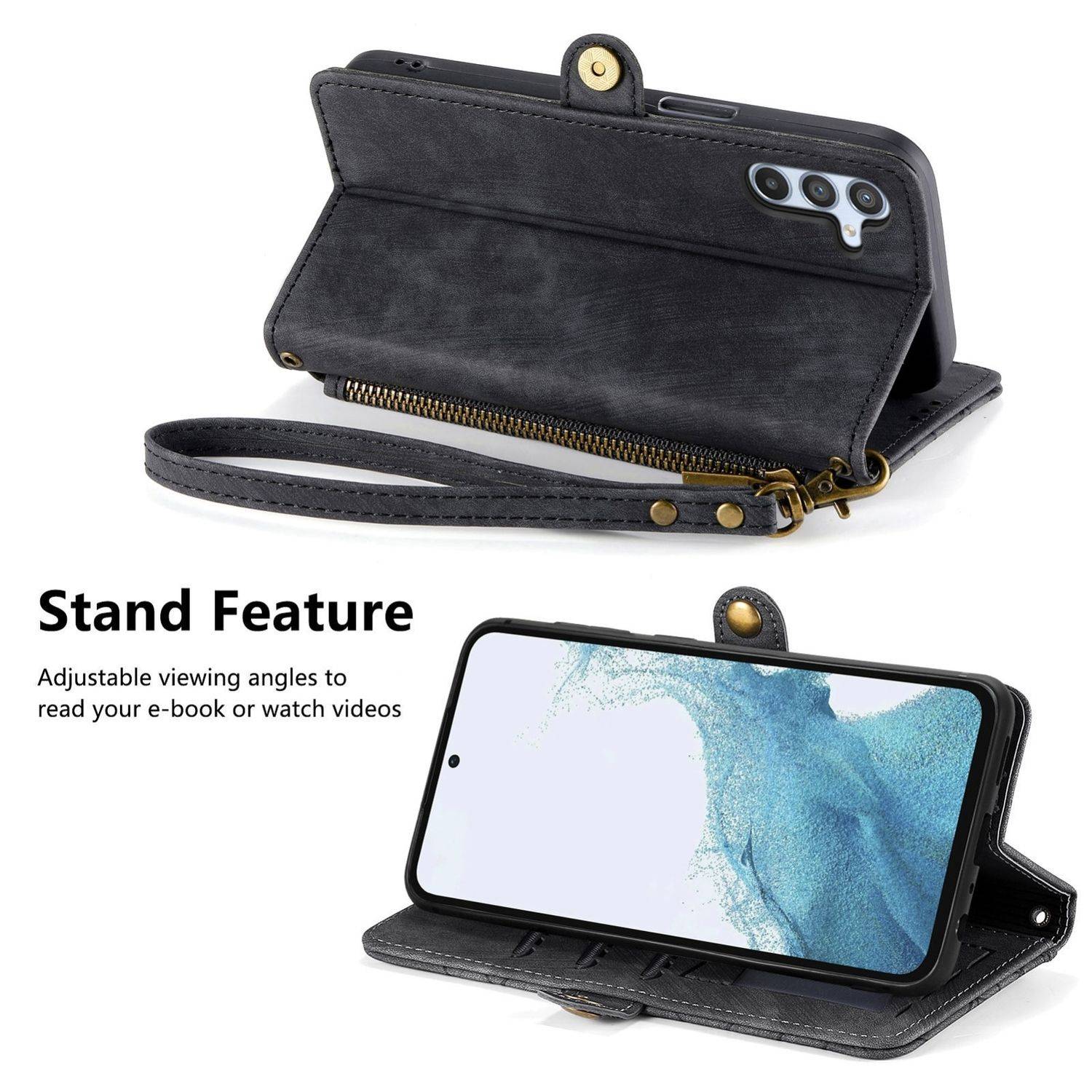 Für Samsung Galaxy A56 / A36 Geometric Design Kunstleder Zipper Book Wallet Tasche mit Schlaufe Schwarz