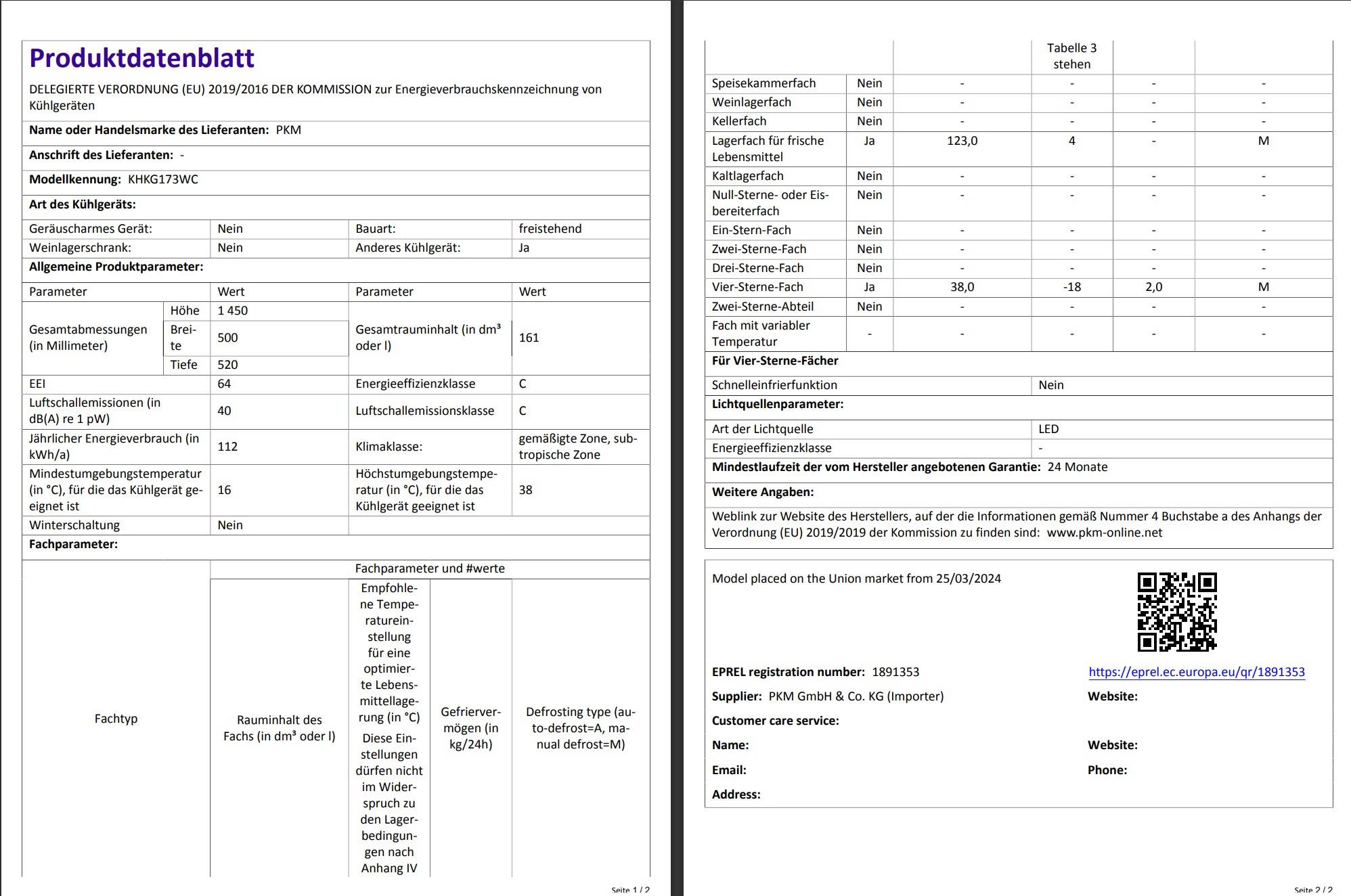 PKM Kühl Gefrierkombination KHKG173WC Weiß 161 L LED