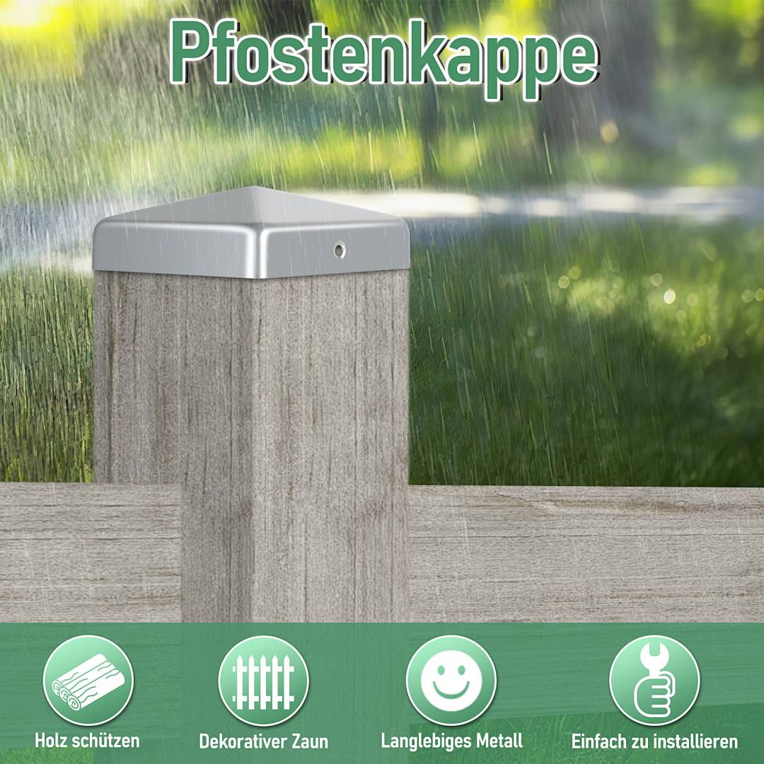 Regenschutzkappen auf einem Holzzaunpfosten, beschriftet mit „Pfostenkappe", mit Symbolen, die Holzschutz, dekorativen Zaun, langlebiges Metall und einfache Montage hervorheben.