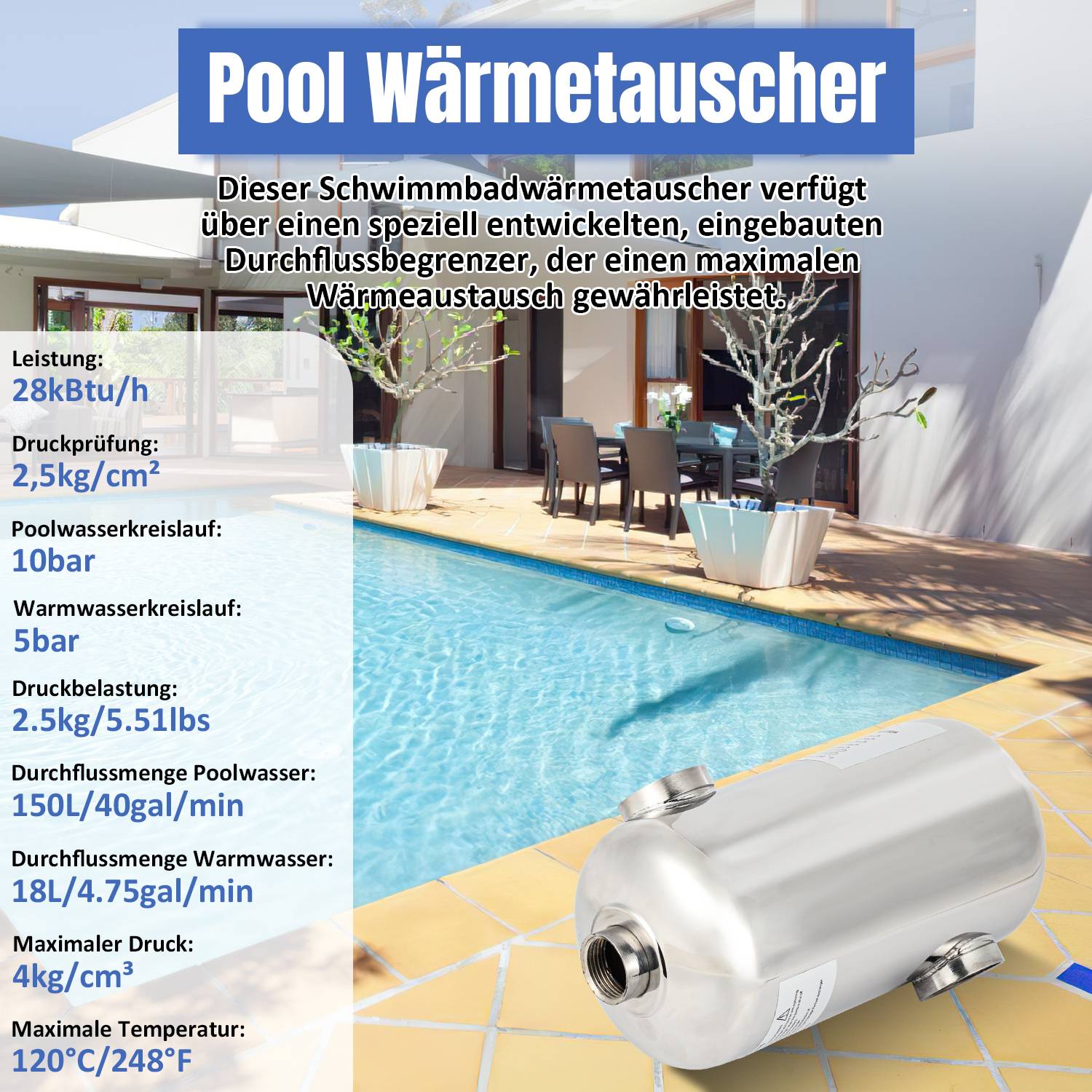 Poolheizung Schwimmbadheizer Schwimmbad Edelstahl Wärmetauscher 28KW
