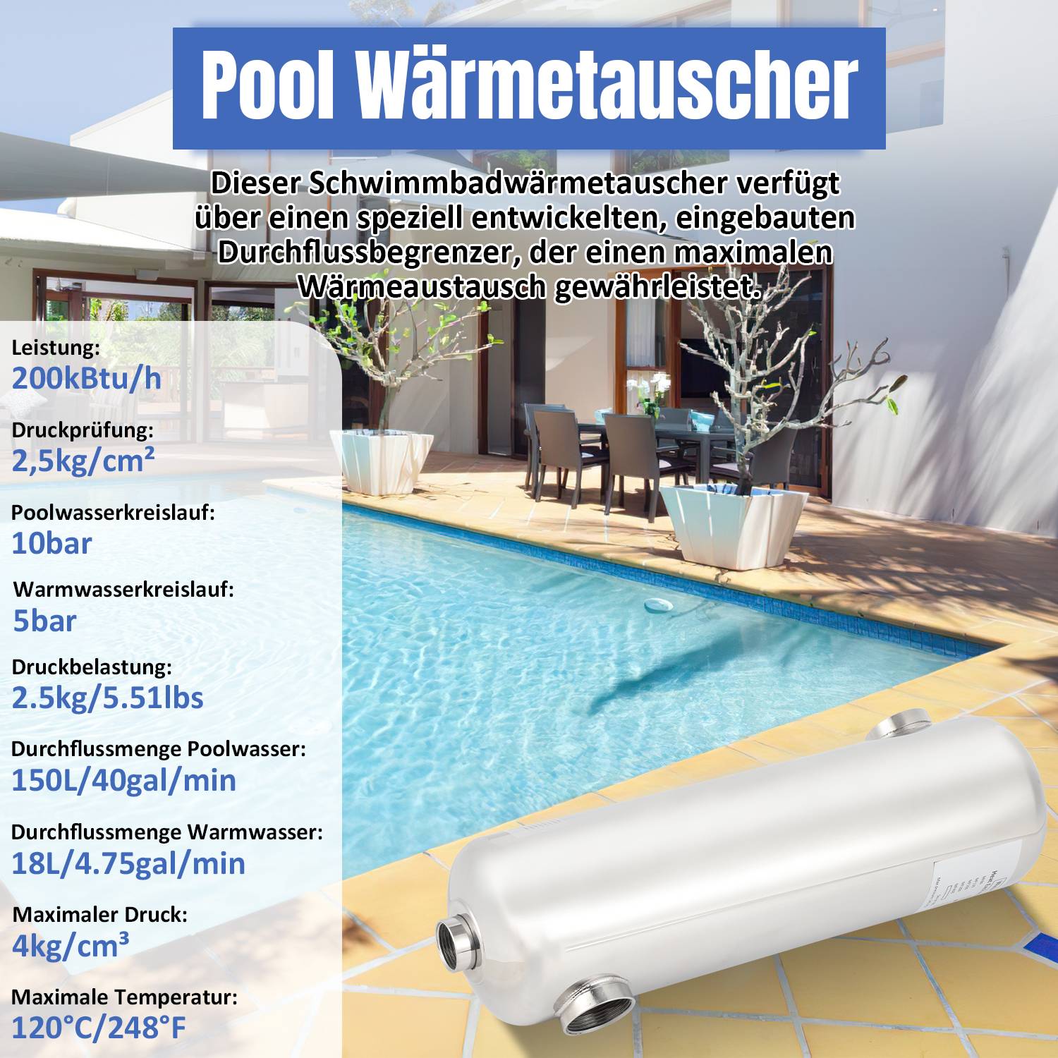 Poolheizung Schwimmbadheizer SS304 Schwimbad Wärmetauscher Edelstahl 60KW