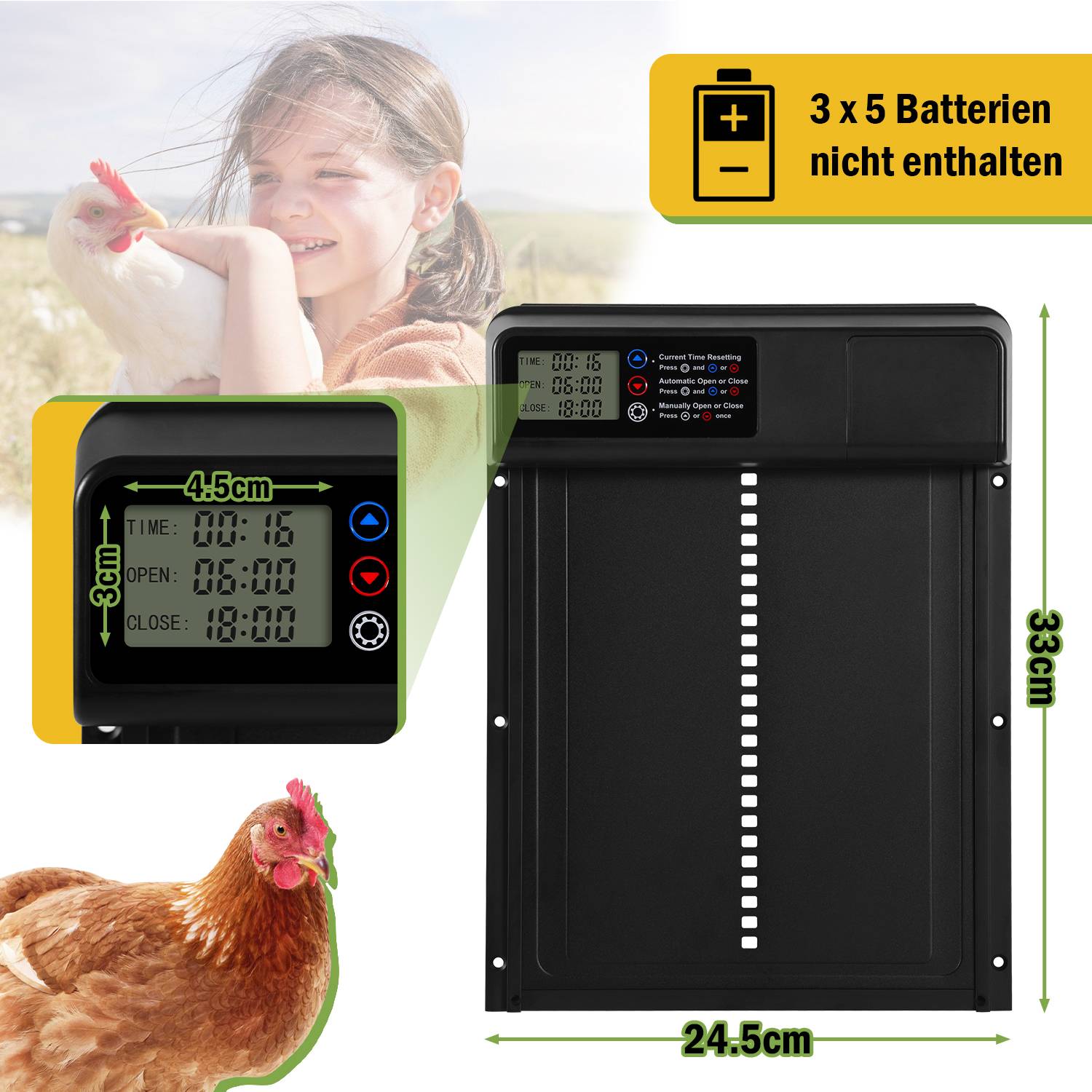 Automatische Hühnerklappe mit Zeit/Handmodus, Aluminiumlegierung automatische Hühnerklappe, elektrische Hühnertür kältetauglich | LCD | IPX4