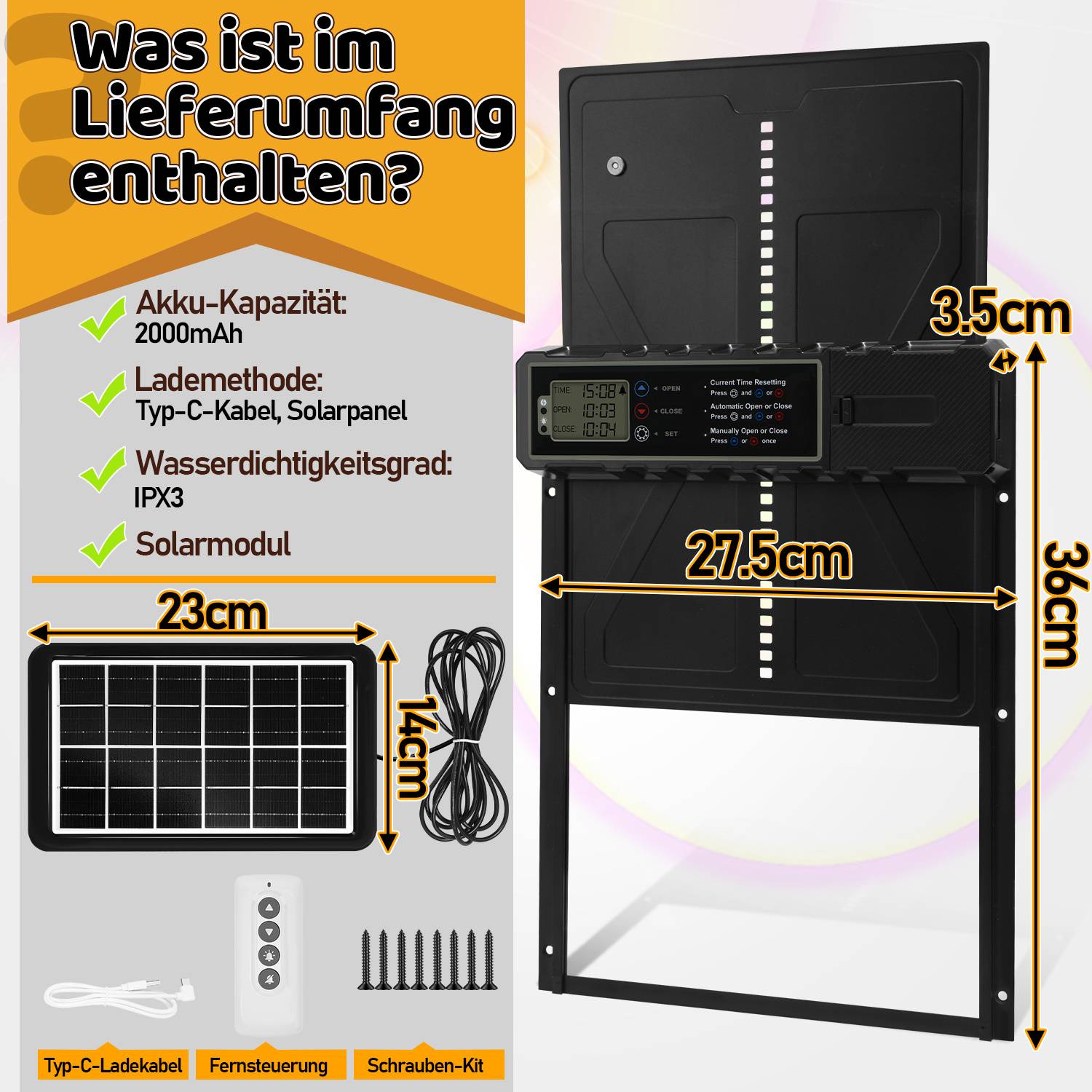 Deutsches Produktinfografik zeigt Lieferumfang: 2000-mAh-Akku, USB-Typ-C-Kabel, Solarpanel, IPX3-Wasserdichtigkeit und Solarmodul mit Panelabmessungen und Fernbedienung, Schrauben und Kabel dargestellt.