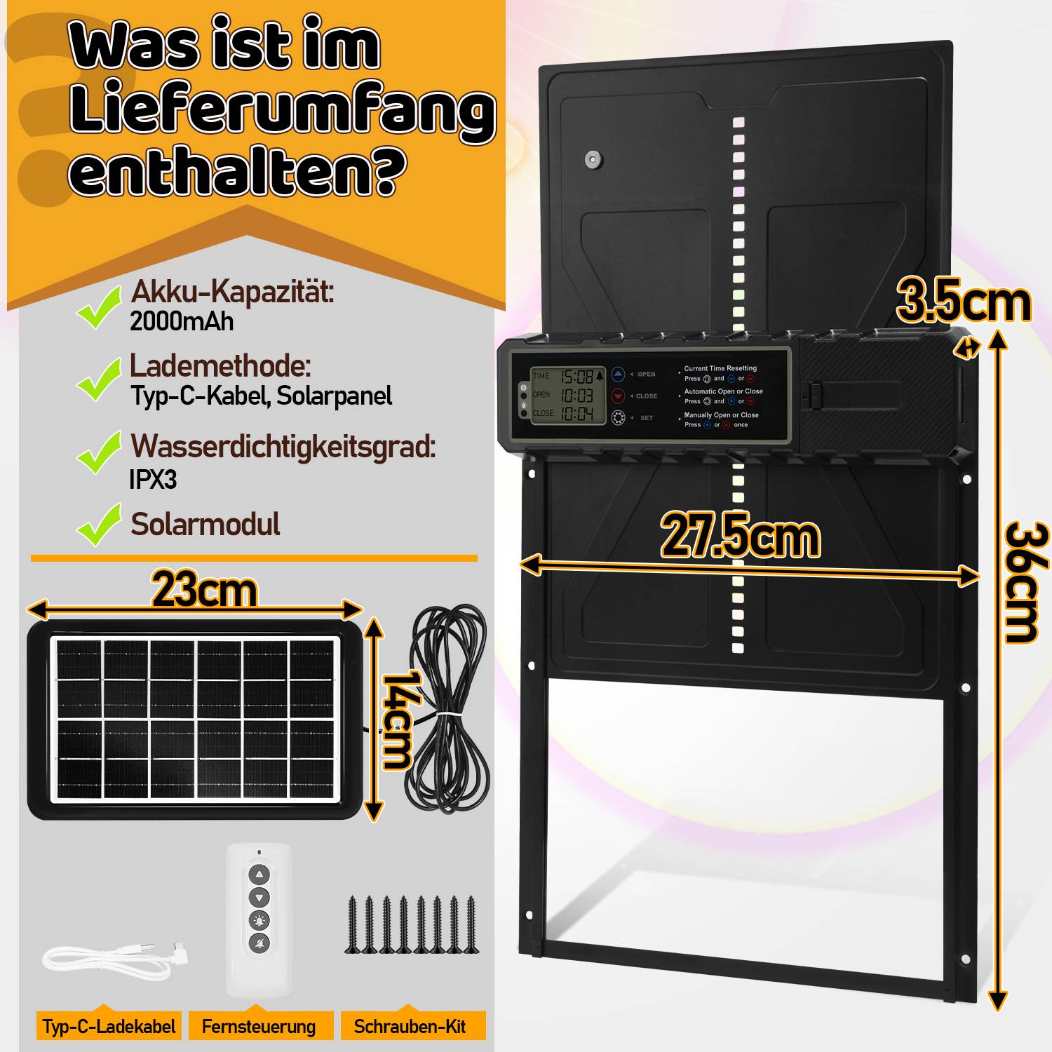 Aluminum Automatische Solar Hühnerklappe Batterie, Elektrische Hühnertür Automatischer Türöffner, Elektrische Hühnerklappe, Schwarz