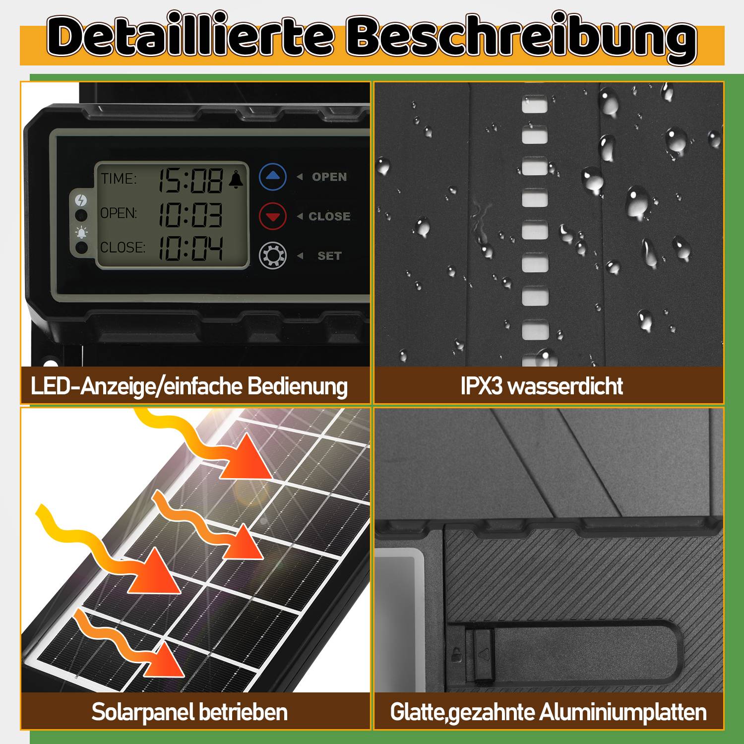 Automatische Hühnerklappe, Hühnerklappe Türöffner, Solarenergie Automatische Hühnerklappe, Türöffner Hühnerstall, wasserdicht, mit Fernbedienu