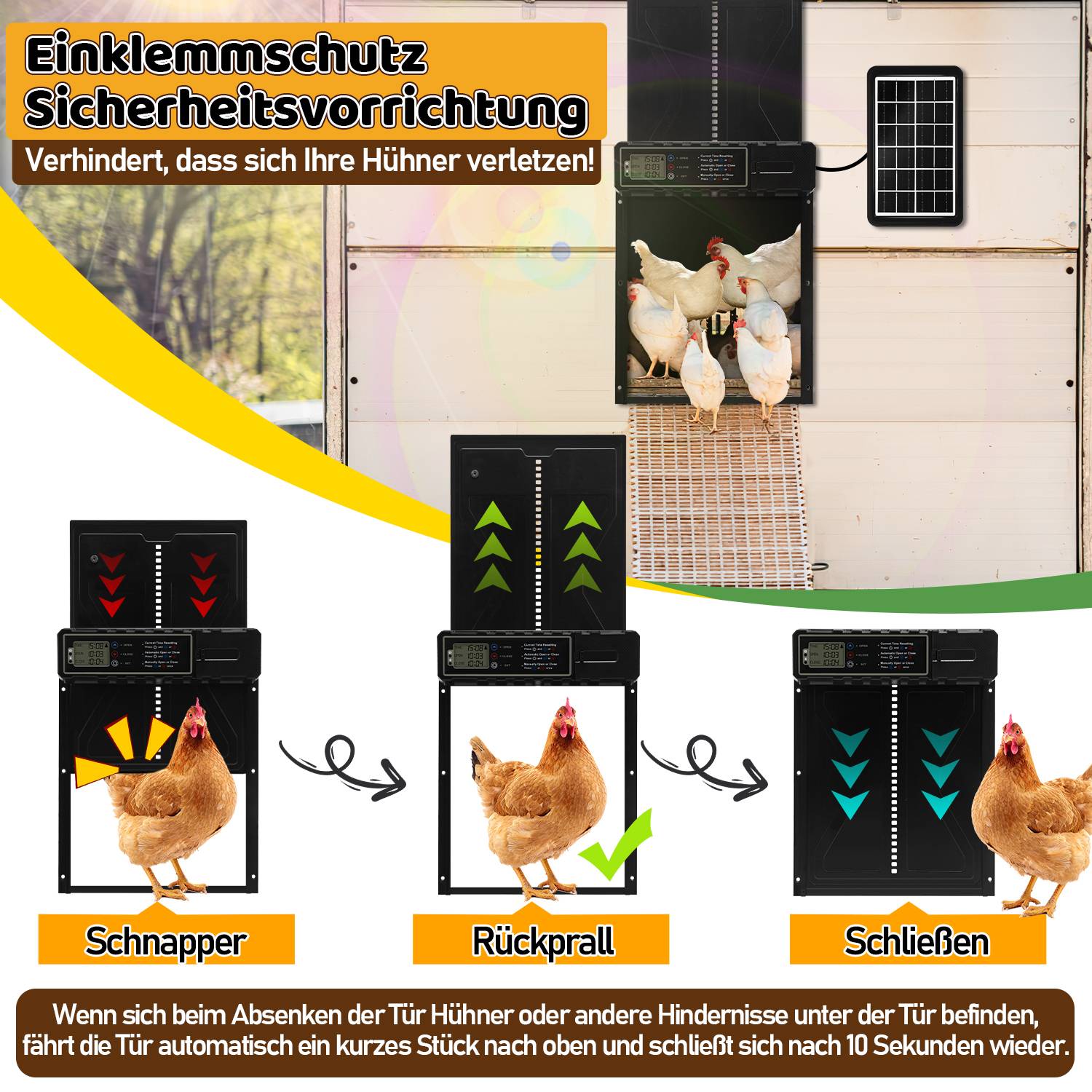 Automatische Hühnerklappe, Hühnerklappe Türöffner, Solarenergie Automatische Hühnerklappe, Türöffner Hühnerstall, wasserdicht, mit Fernbedienu