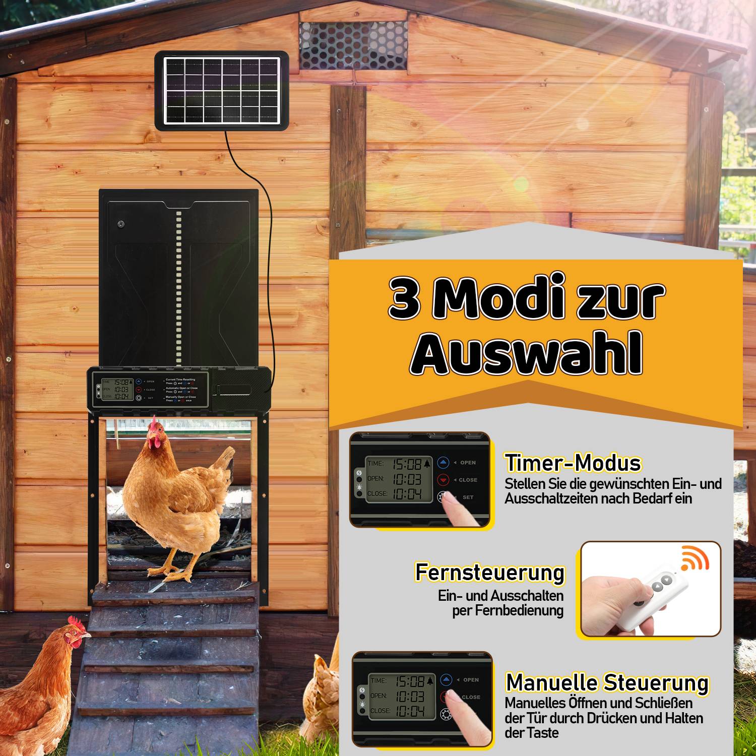 Automatische Hühnerklappe, Hühnerklappe Türöffner, Solarenergie Automatische Hühnerklappe, Türöffner Hühnerstall, wasserdicht, mit Fernbedienu