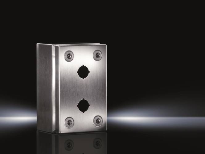 Oberflächenmontiertes Edelstahlgehäuse mit vier Schrauben, zwei kreisförmigen Aussparungen für Komponenten, vor dunklem Hintergrund beleuchtet.