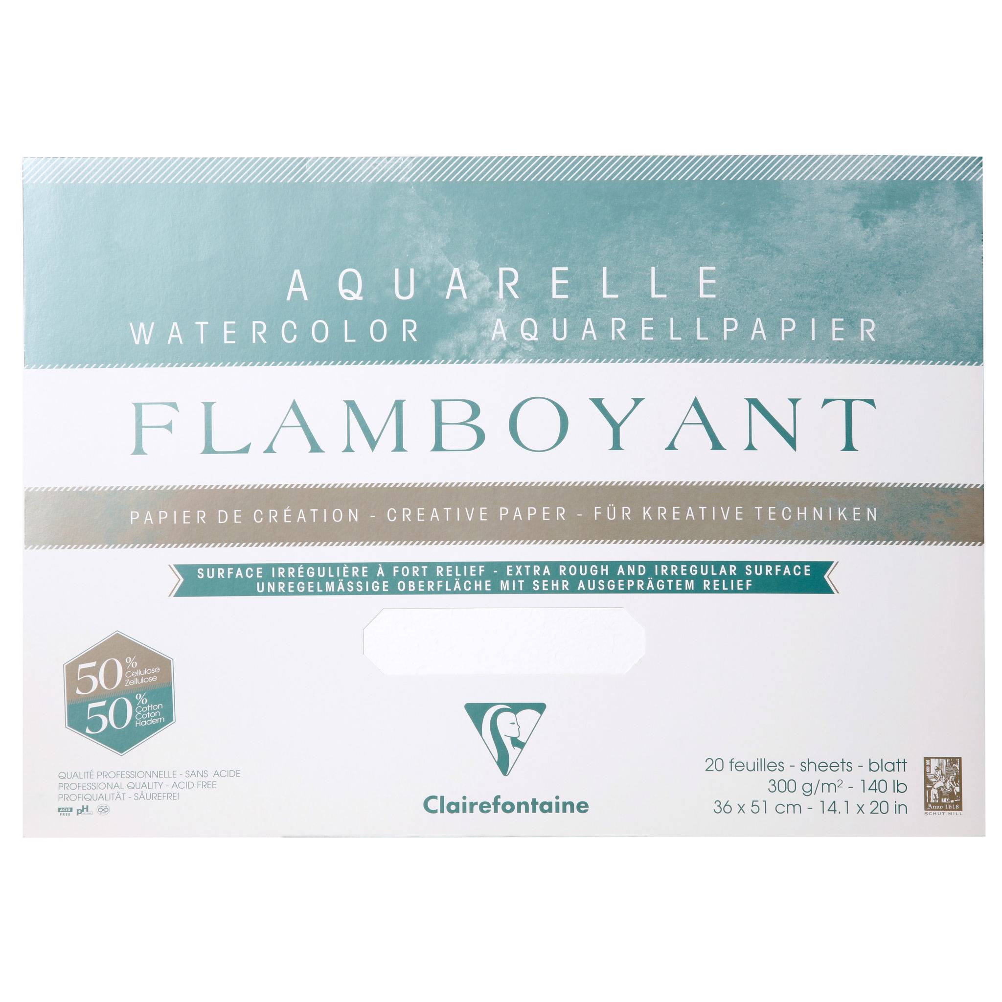 Clairefontaine Aquarellpapier 300g, Block 4-seitig, 20 Bl, 36x51 cm 975066C