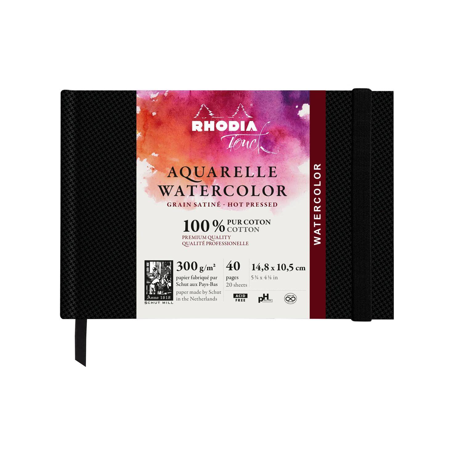 Rhodia Touch, Watercolor Book, 100% Hadern 300g, 20 Bl, A6 Quer Schwarz 116154C