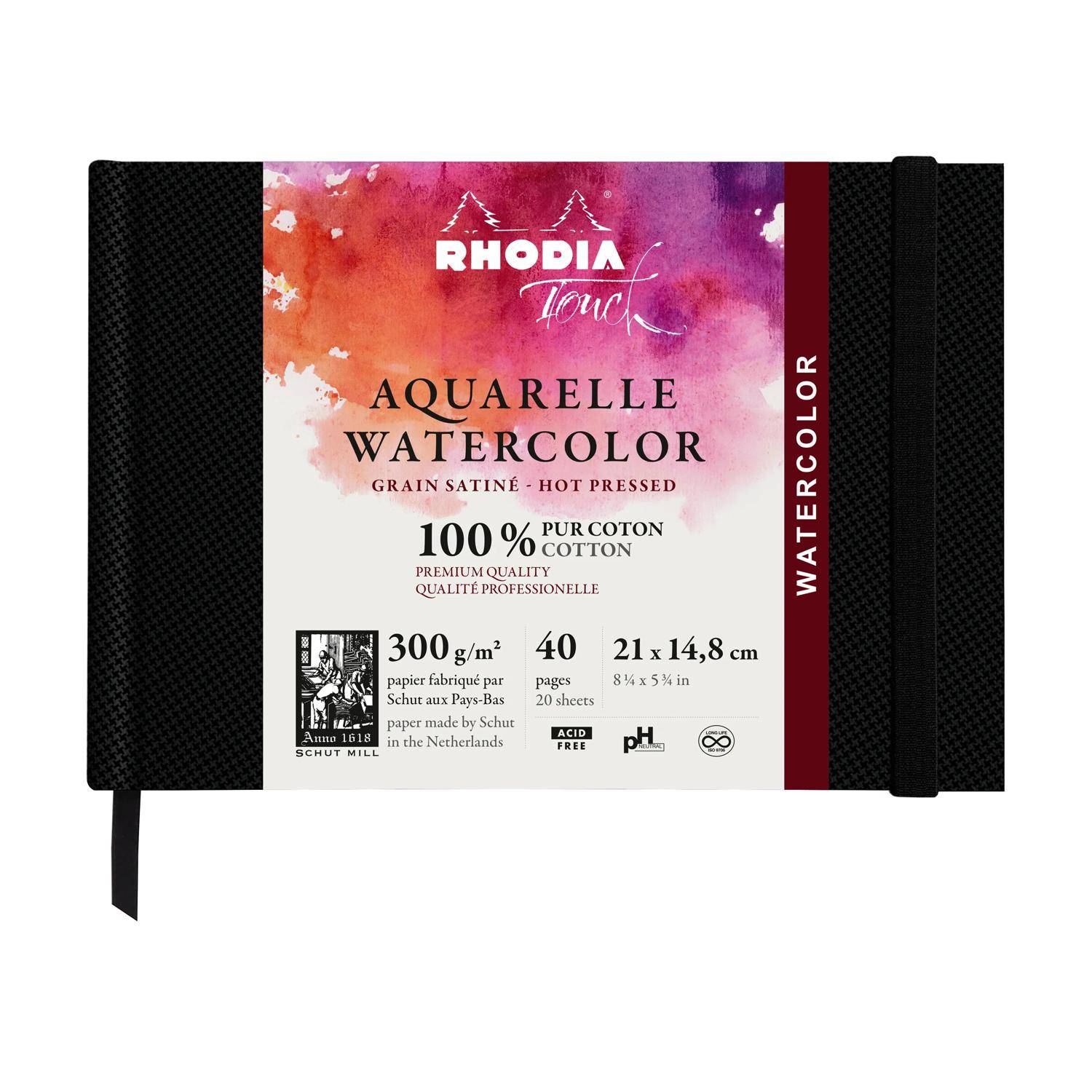 Rhodia Touch, Watercolor Book, 100% Hadern 300g, 20 Bl, A5 Quer Schwarz 116155C