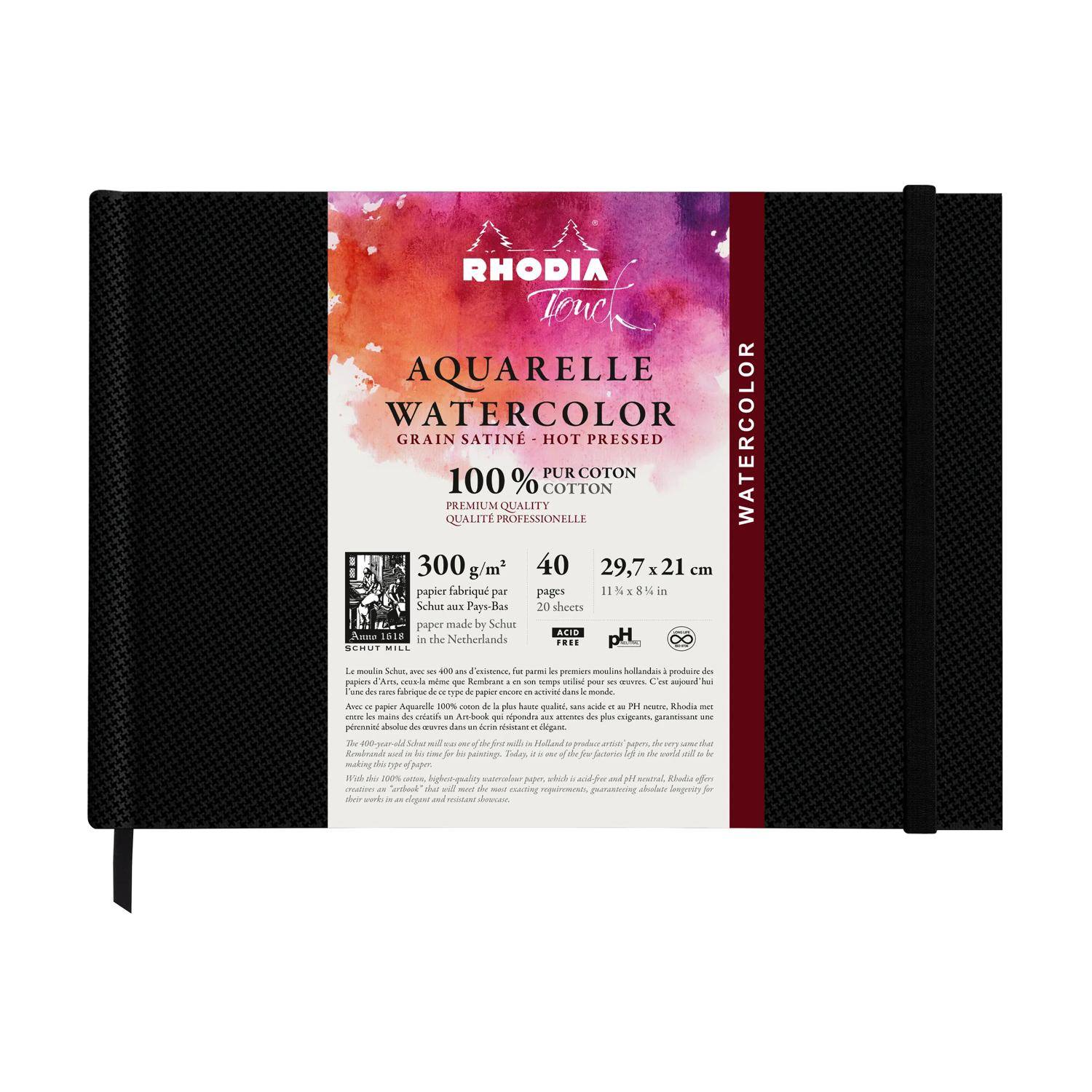 Rhodia Touch, Watercolor Book, 100% Hadern 300g, 20 Bl, A4 Quer Schwarz 116156C