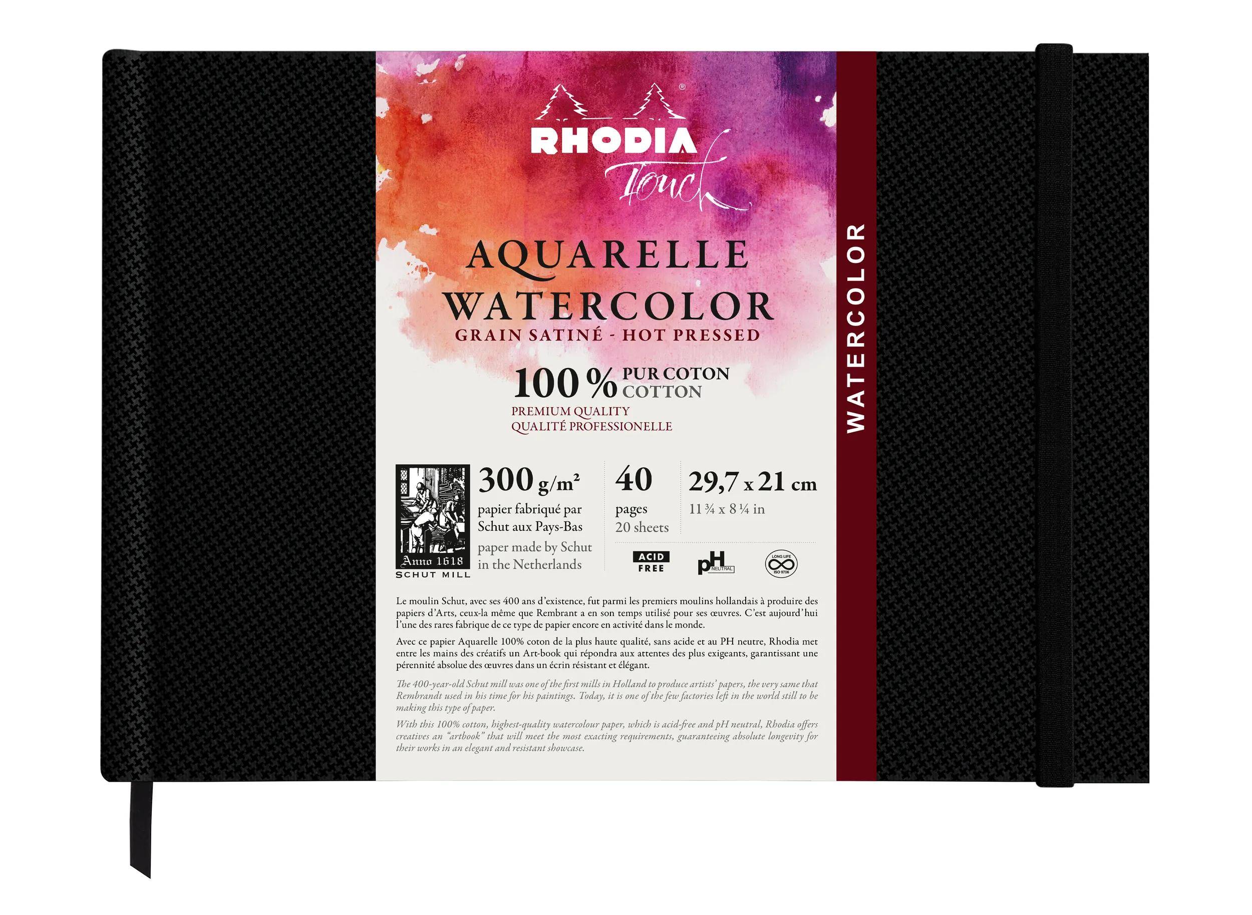 Rhodia Touch, Watercolor Book, 100% Hadern 300g, 20 Bl, A4 Quer Schwarz 116156C