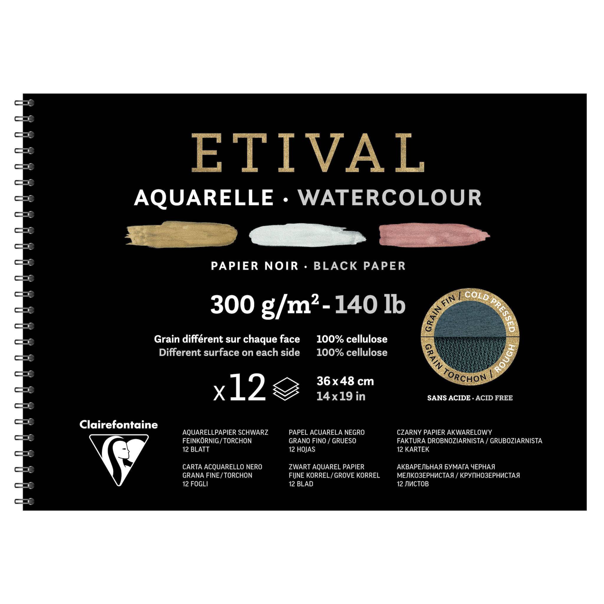 Clairefontaine schwarzes Aquarellpapier, Block 12 Blatt 36x48cm, 975327C