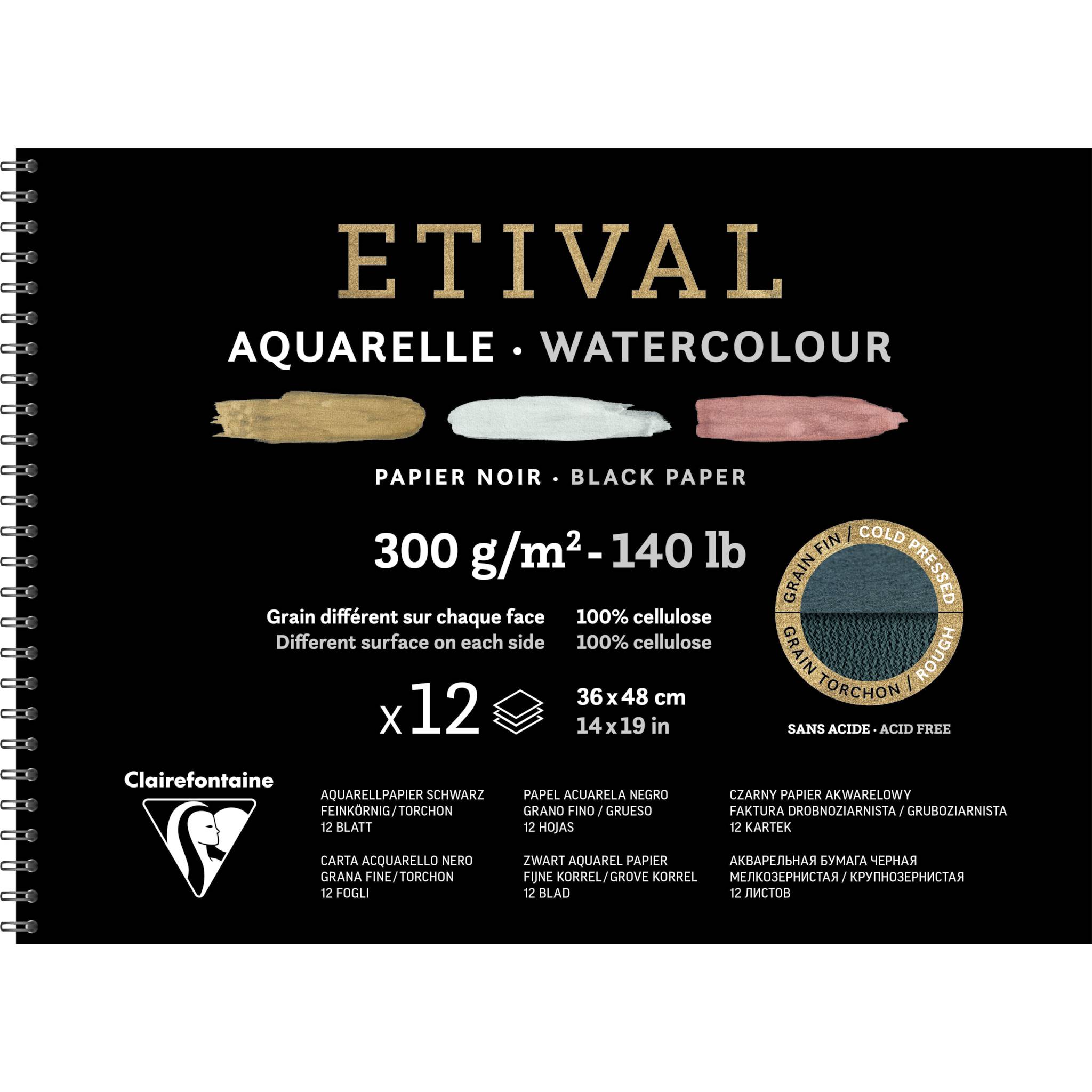 Clairefontaine schwarzes Aquarellpapier, Block 12 Blatt 36x48cm, 975327C