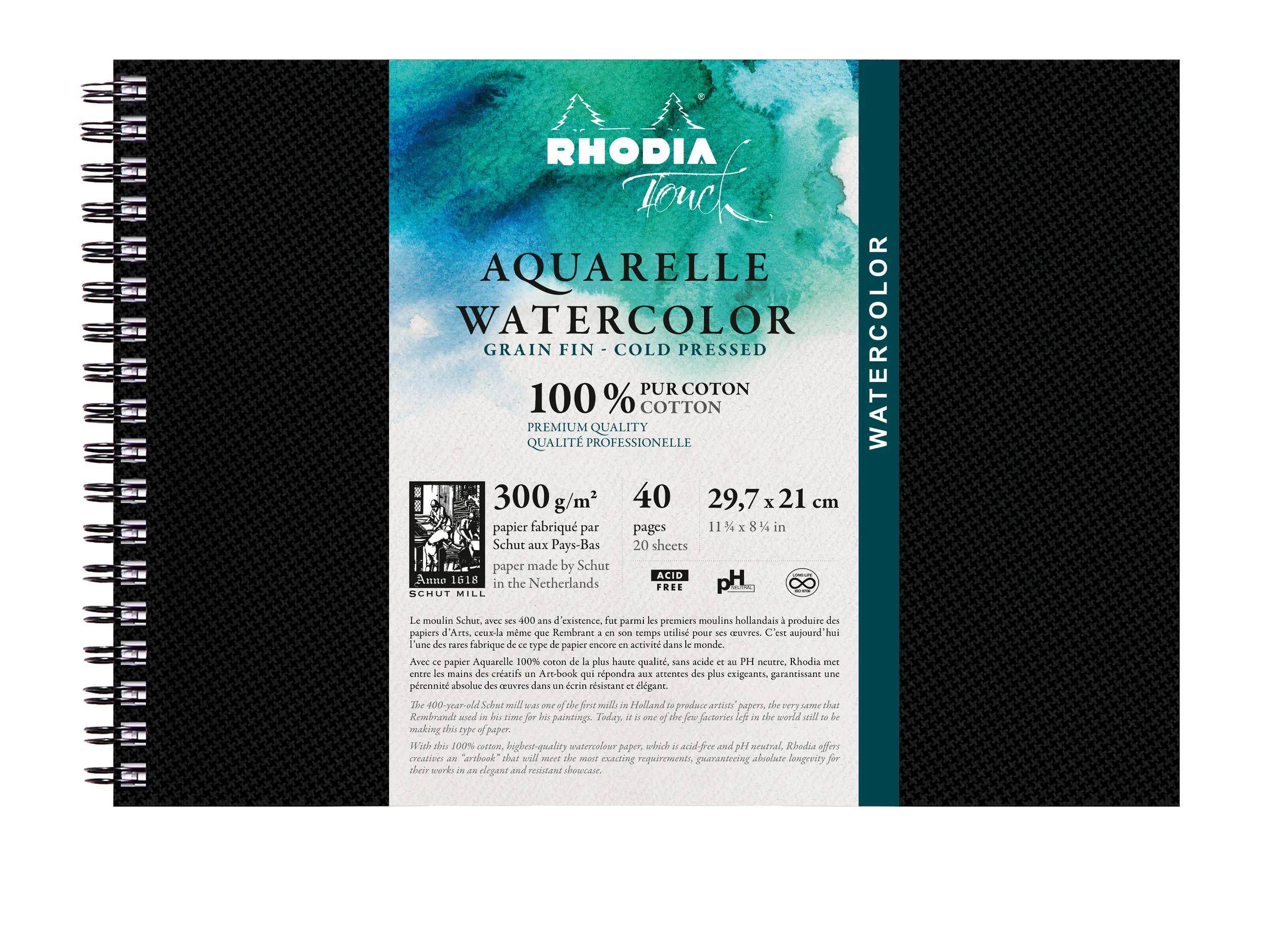 Rhodia Touch, Watercolor Book, 100% Hadern 300g, 20 Bl, A4 Quer Schwarz 116146C