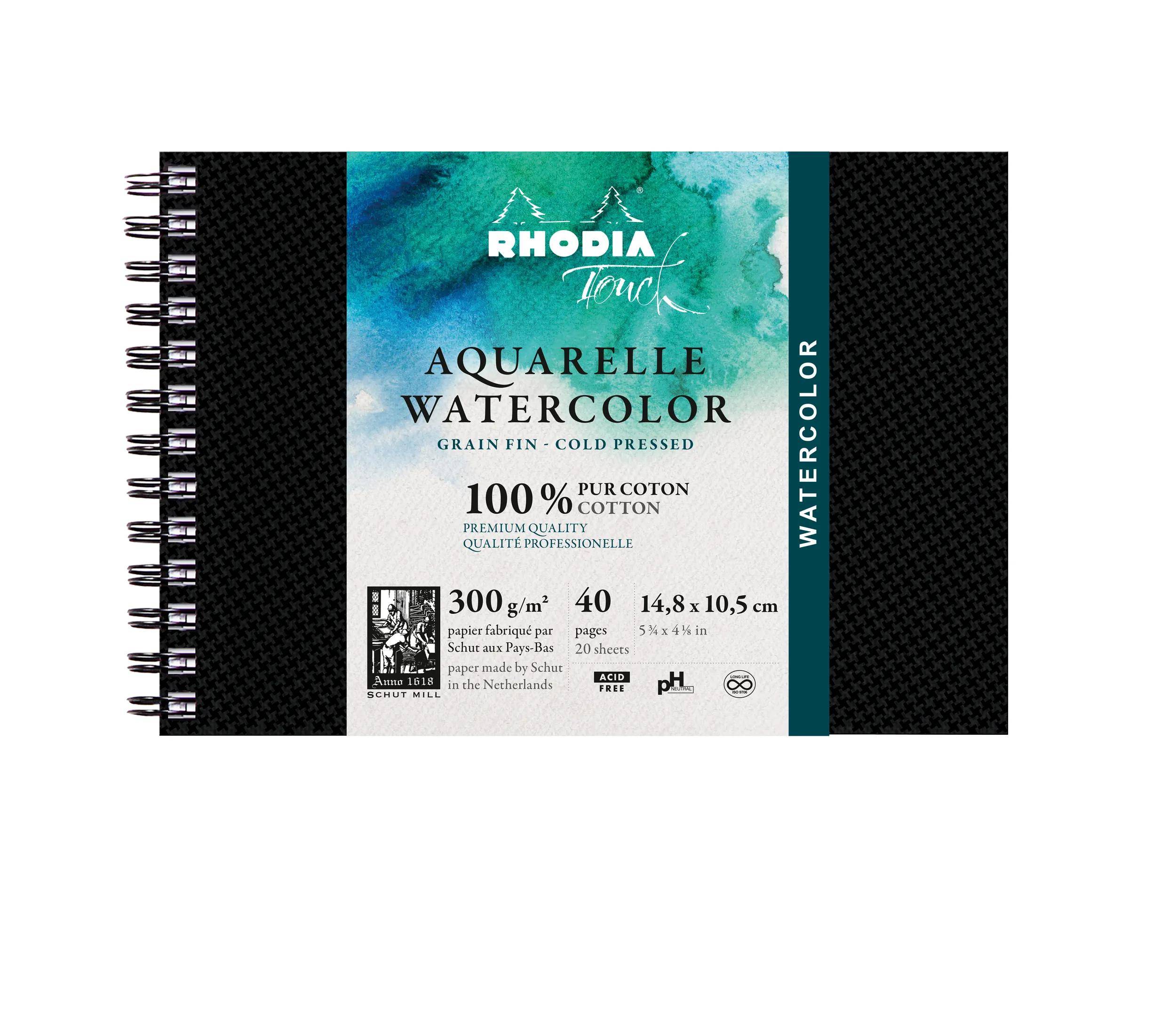 Rhodia Touch, Watercolor Book, 100% Hadern 300g, 20 Bl, A6 Quer Schwarz 116144C