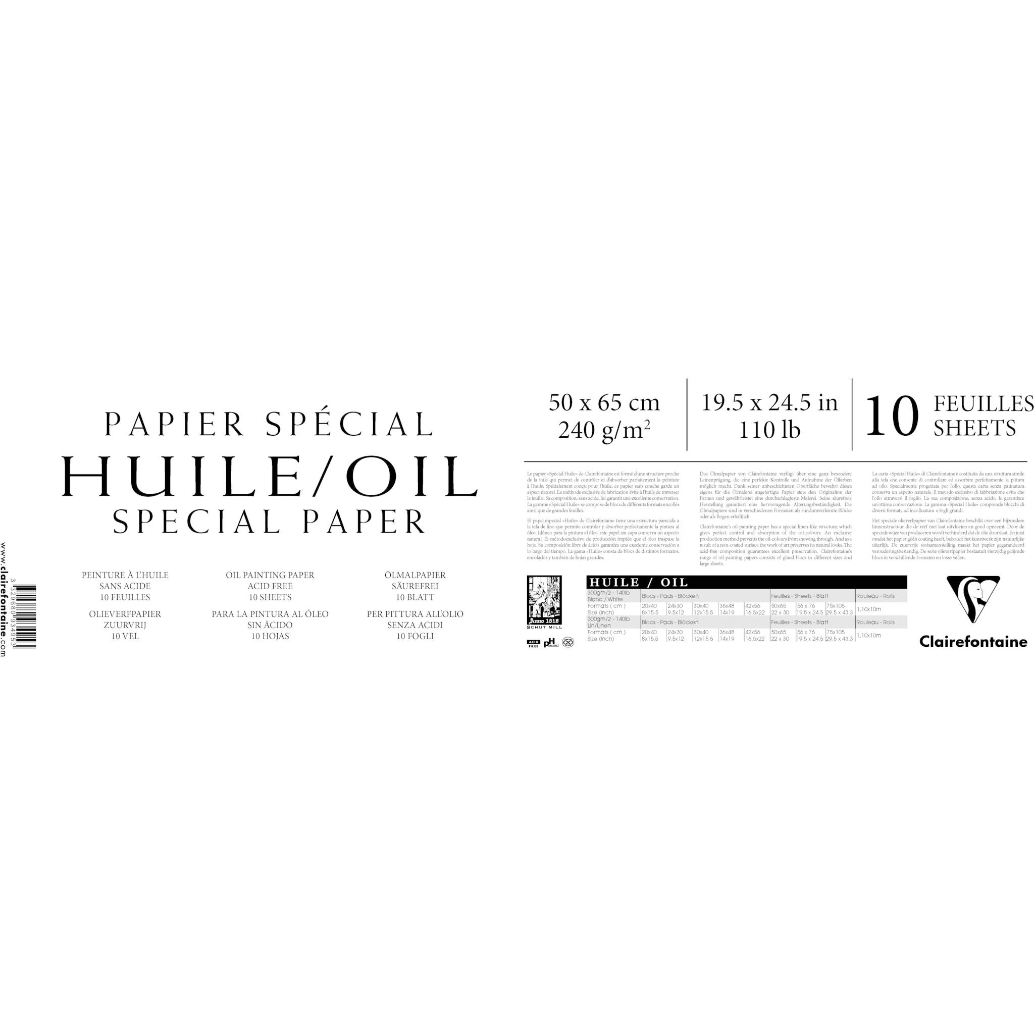 Clairefontaine Packung mit 10 Bogen Ölmalpapier, 50x65cm, 240g 93495C