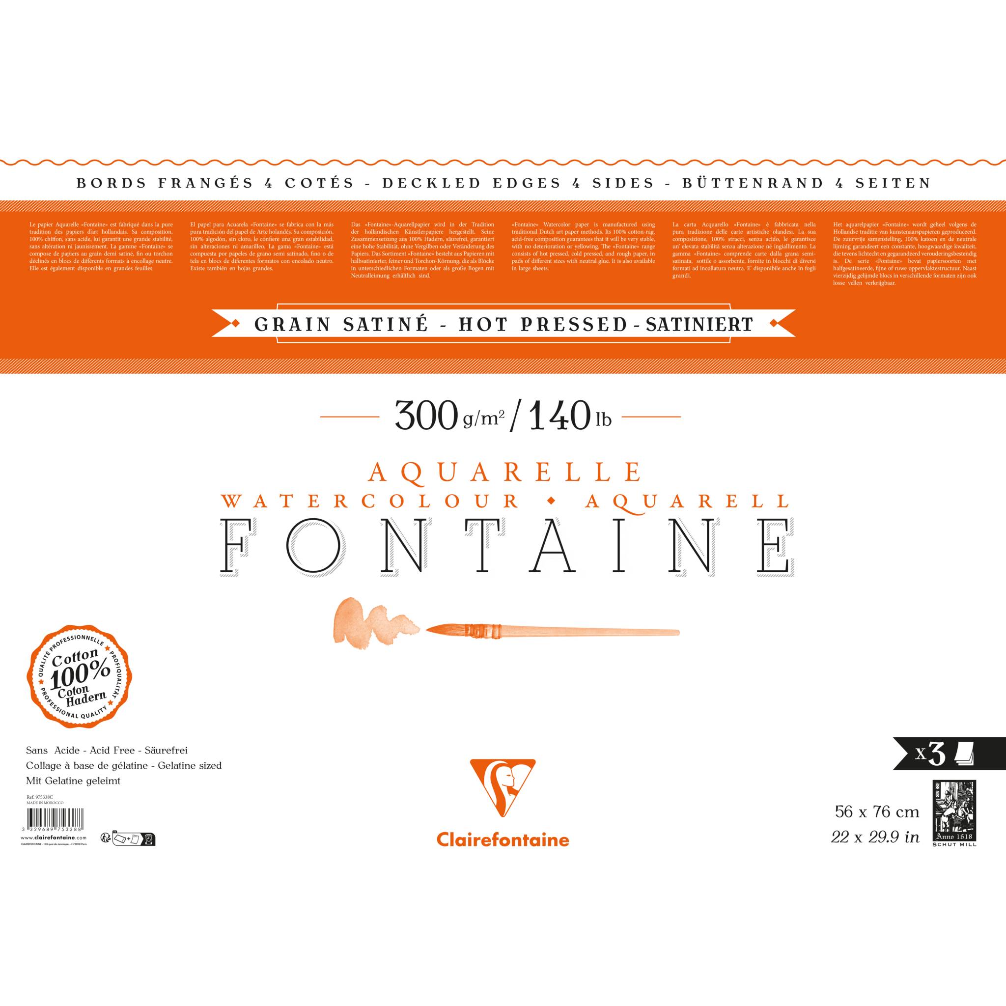 Clairefontaine Pack. 3 Bogen Aquarellpapier mit Büttenrand 56x76 cm weiß 975338C