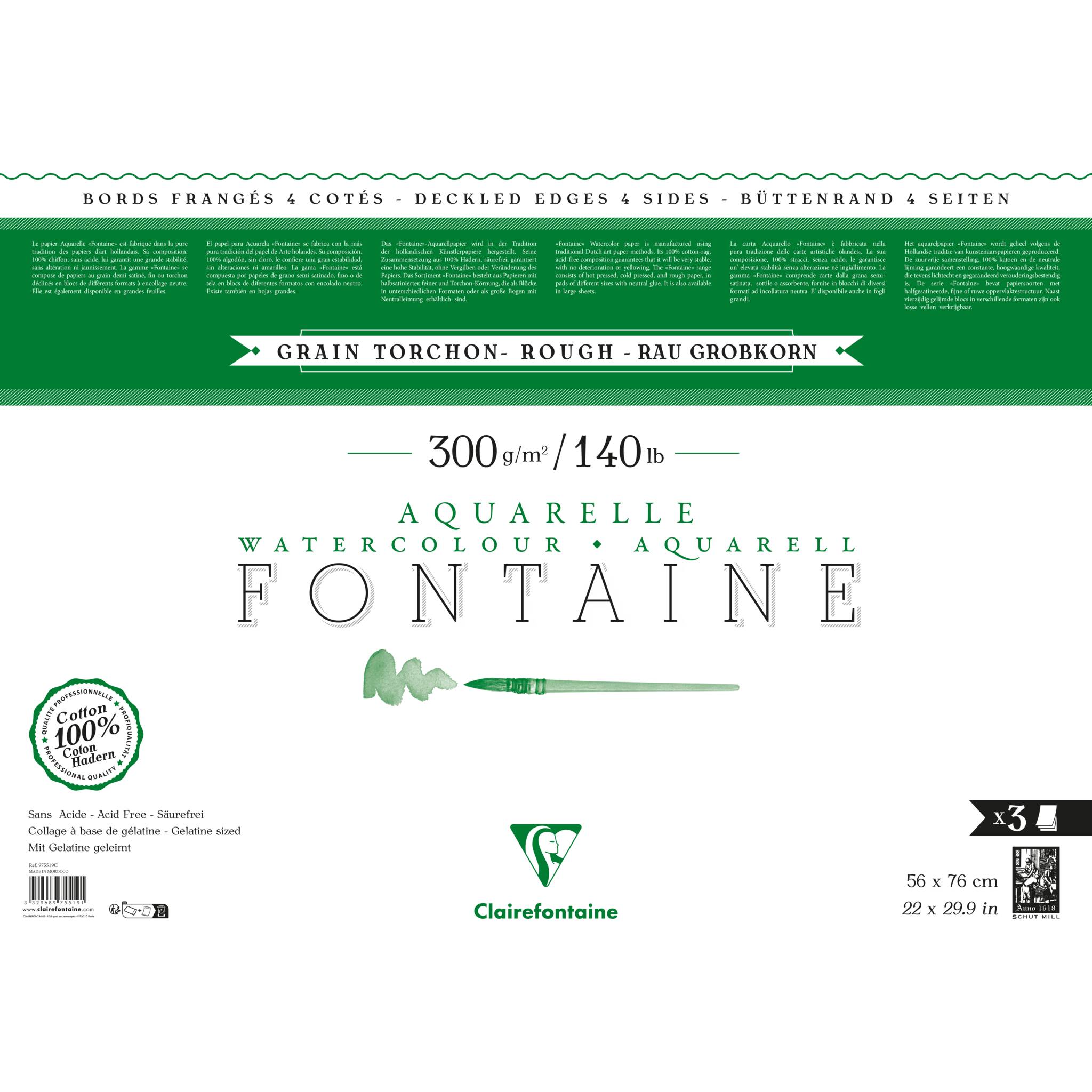 Clairefontaine Pack. 3 Bogen Aquarellpapier mit Büttenrand, 56x76cm weiß 975519C