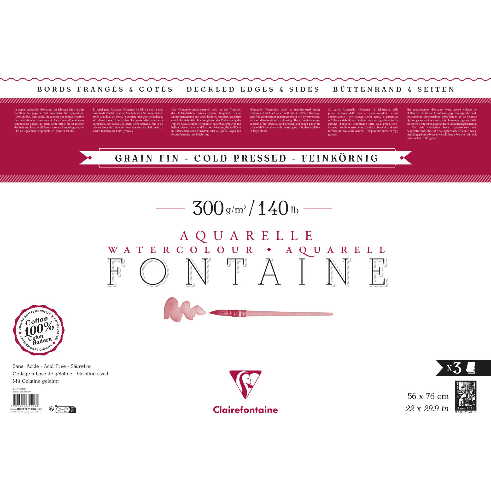 Clairefontaine Pack. 3 Bogen Aquarellpapier mit Büttenrand, 56x76cm weiß 975518C