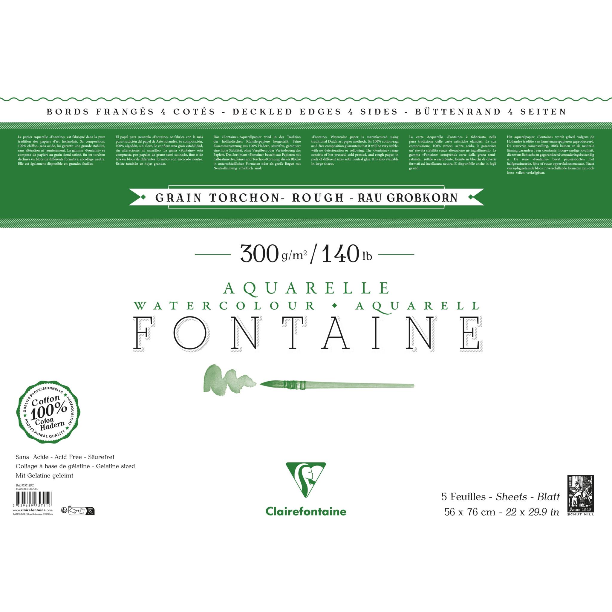 Clairefontaine Fontaine, Pack. 5 Bogen Aquarellpapier 56x76cm weiß 975711FC