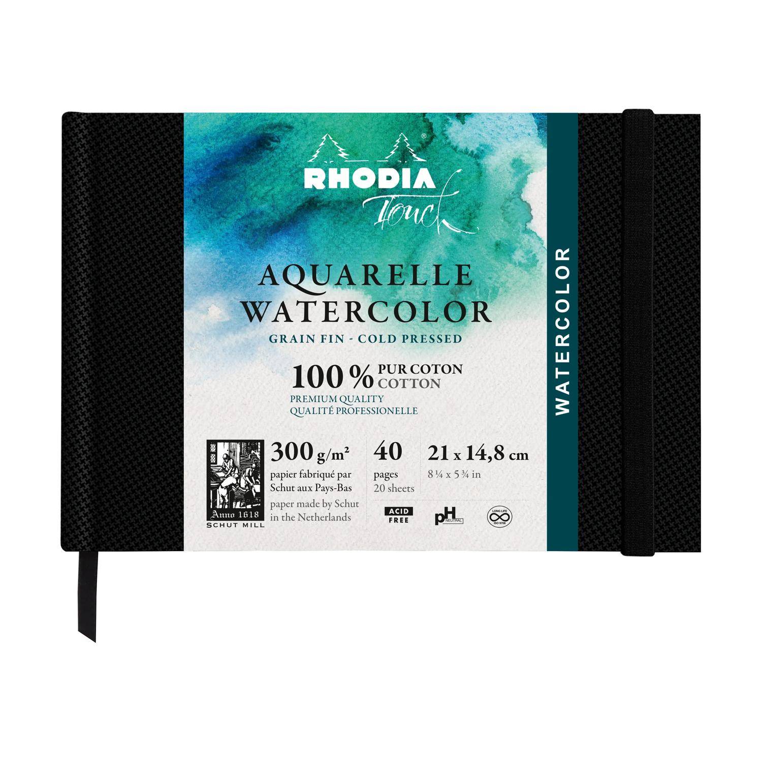 Rhodia Touch, Watercolor Book, 100% Hadern 300g, 20 Bl, A5 Quer Schwarz 116137C