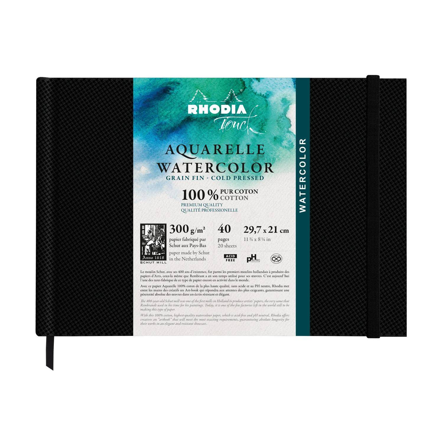 Rhodia Touch, Watercolor Book, 100% Hadern 300g, 20 Bl, A4 Quer Schwarz 116138C