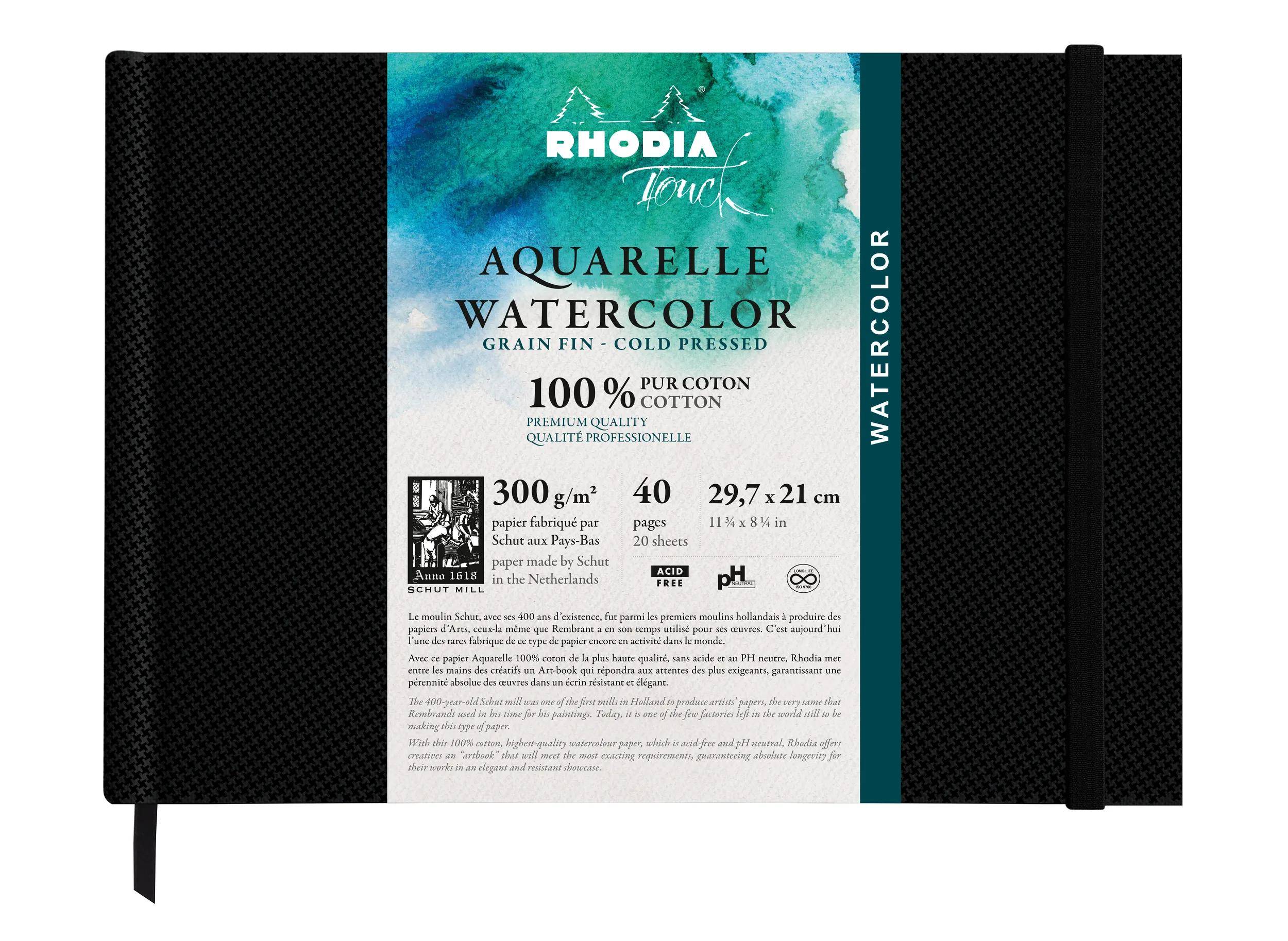Rhodia Touch, Watercolor Book, 100% Hadern 300g, 20 Bl, A4 Quer Schwarz 116138C