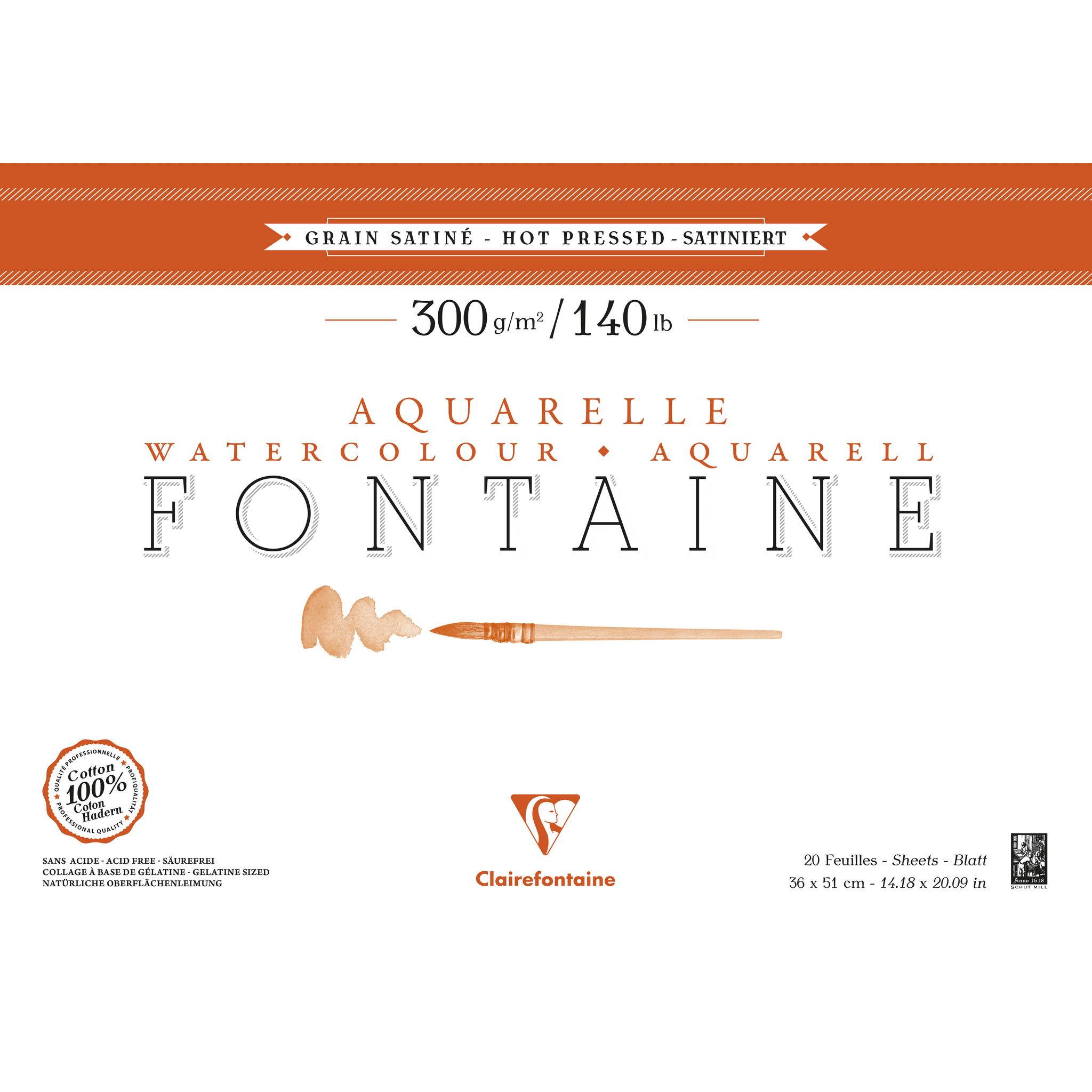 Clairefontaine Aquarellpapier 300g, 100% Hadern, geleimt, 20 Bl, 36x51 cm 96346C