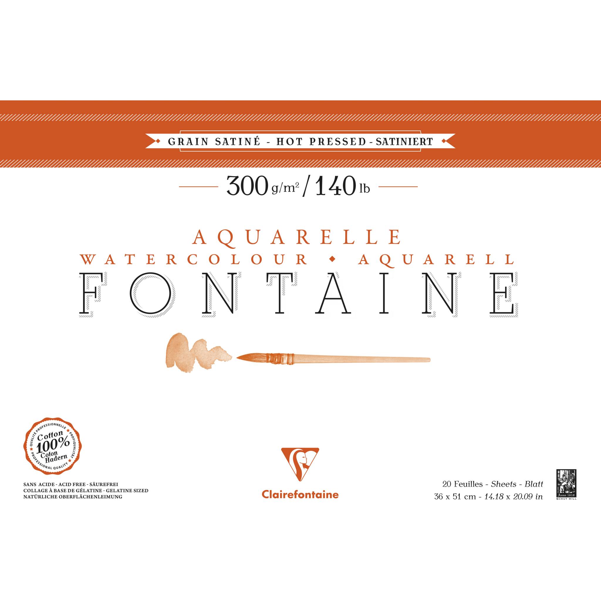 Clairefontaine Aquarellpapier 300g, 100% Hadern, geleimt, 20 Bl, 36x51 cm 96346C