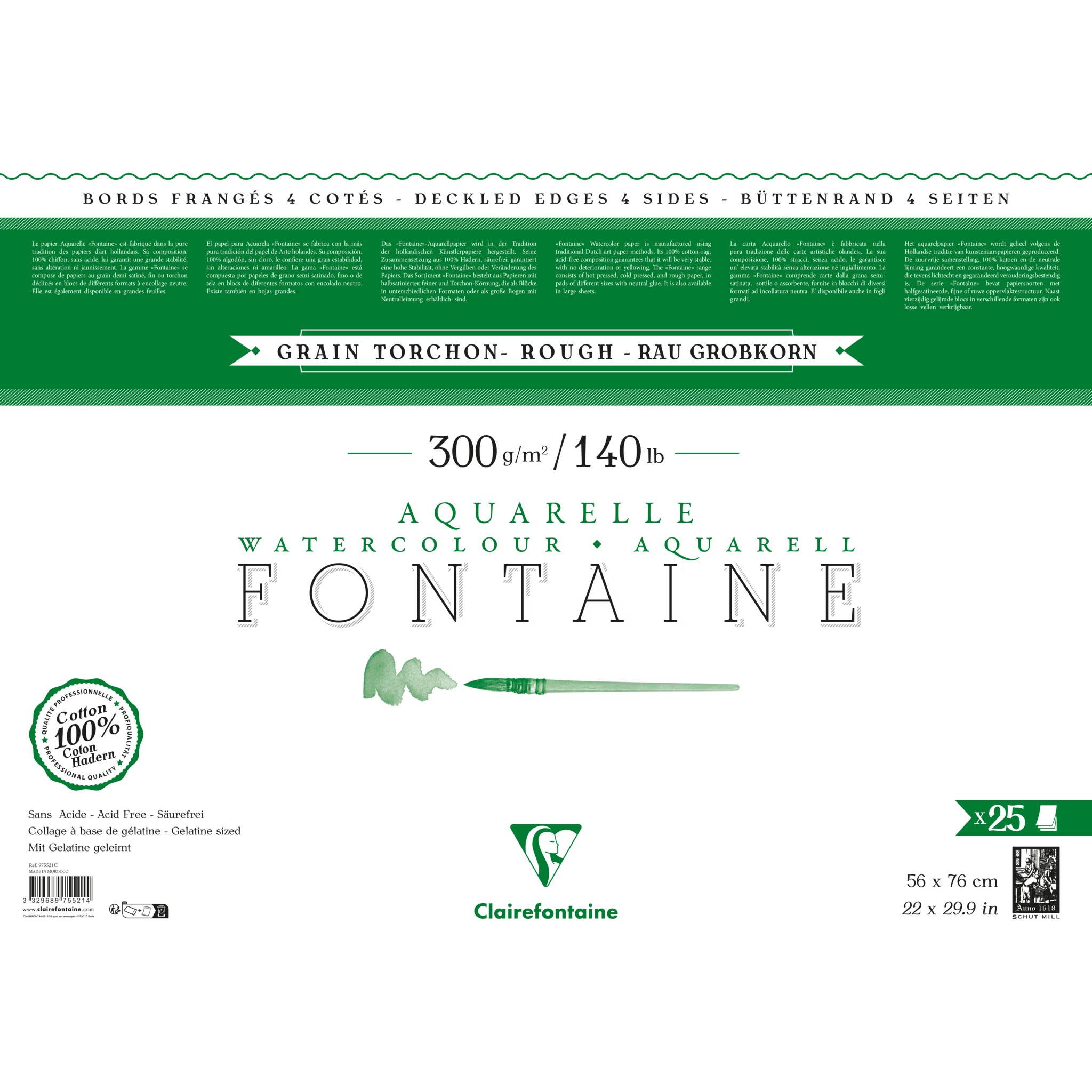 Clairefontaine Pack. 25 Bogen Aquarellpapier mit Büttenrand 56x76cm weiß 975521C