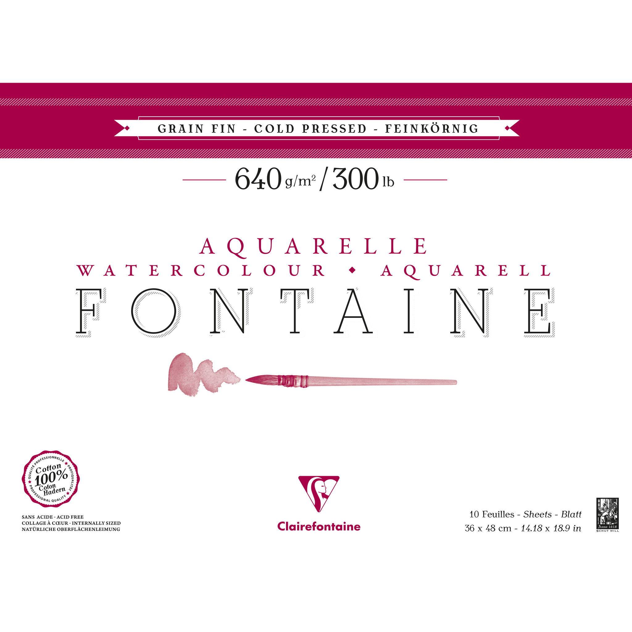 Clairefontaine Aquarellpapier 640g, 100% Hadern, feinkörnig 10 Bl 36x48cm 96359C