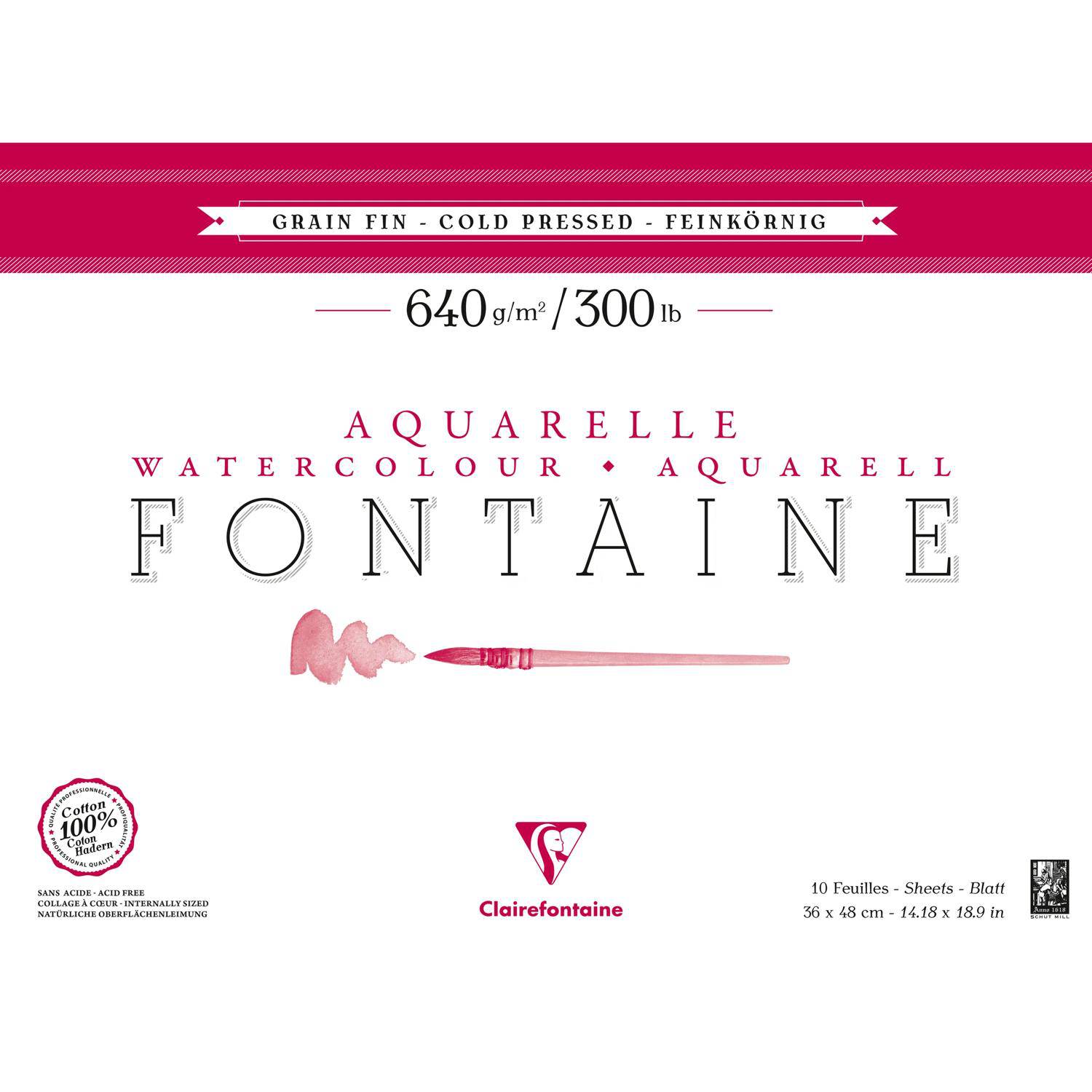 Clairefontaine Aquarellpapier 640g, 100% Hadern, feinkörnig 10 Bl 36x48cm 96359C