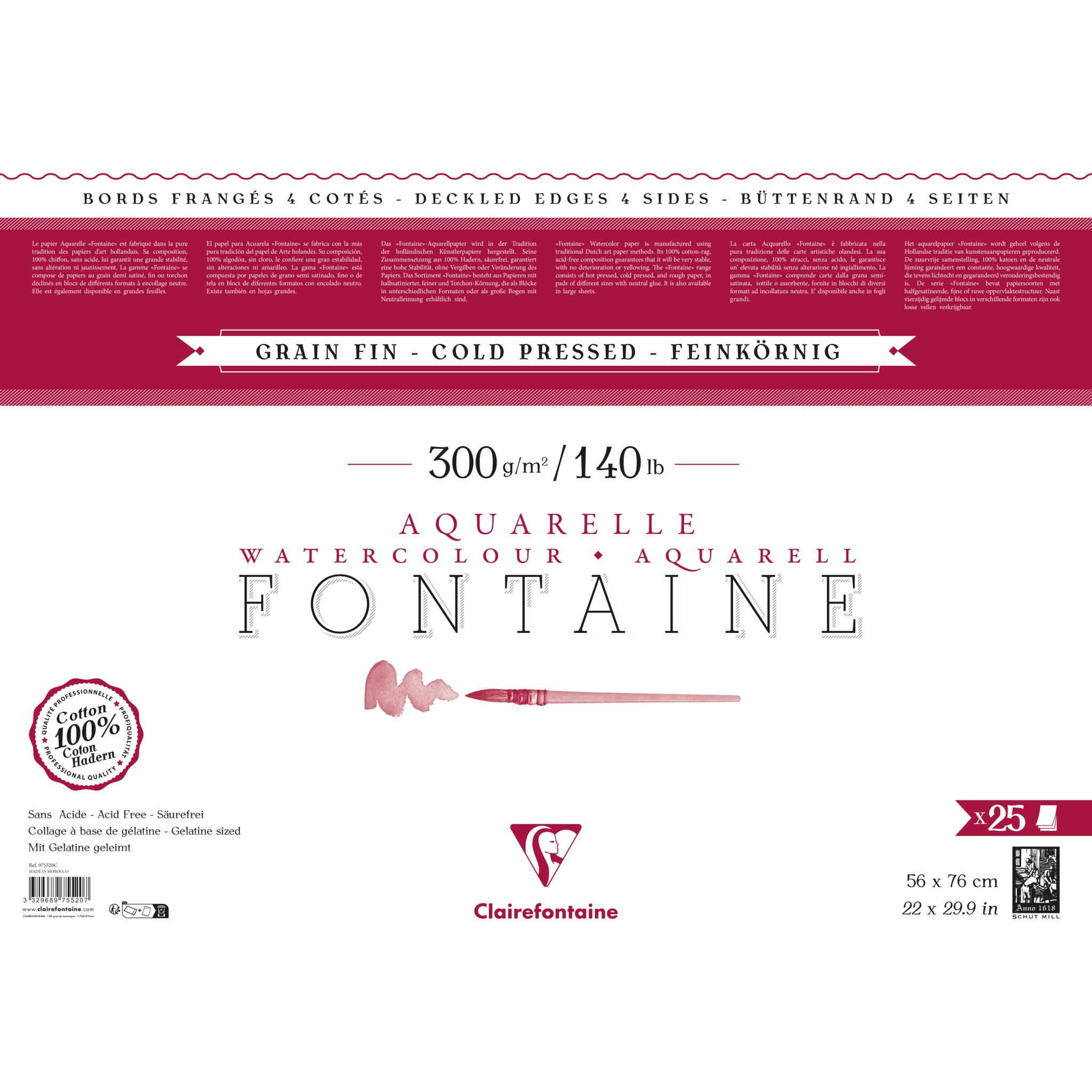 Clairefontaine Pack. 25 Bogen Aquarellpapier mit Büttenrand 56x76cm weiß 975520C