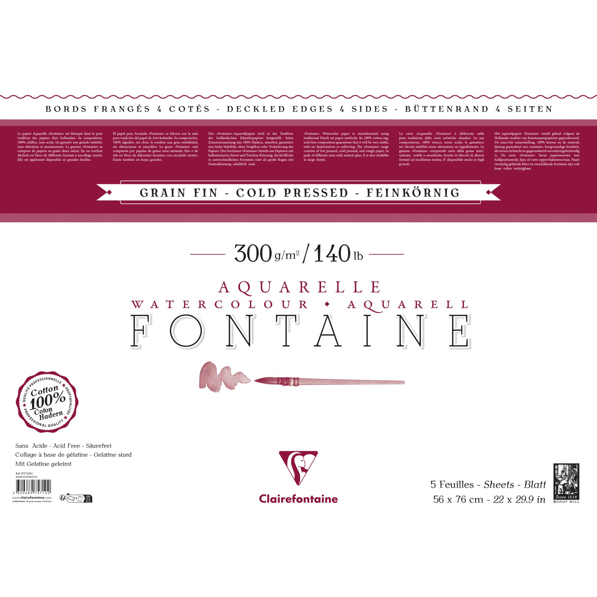 Clairefontaine Fontaine, Pack. 5 Bogen Aquarellpapier 56x76cm weiß 975710FC