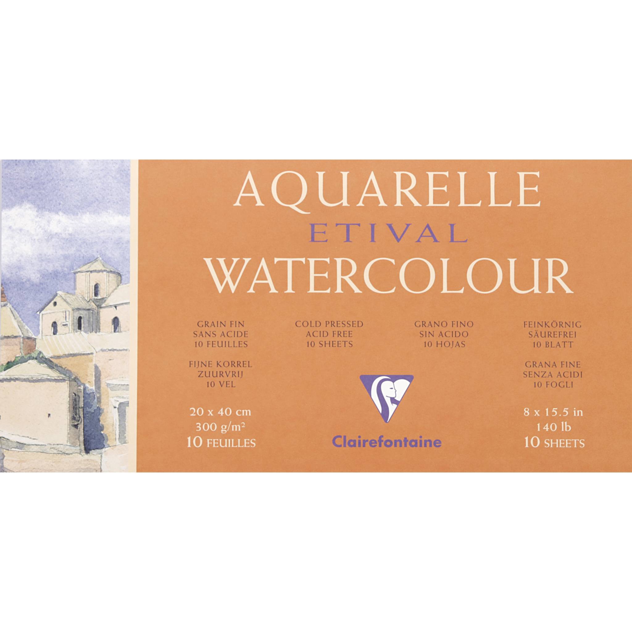 Clairefontaine Etival Aquarellpapier feinkörnig, Block 10 Blatt 20x40 cm 96574C