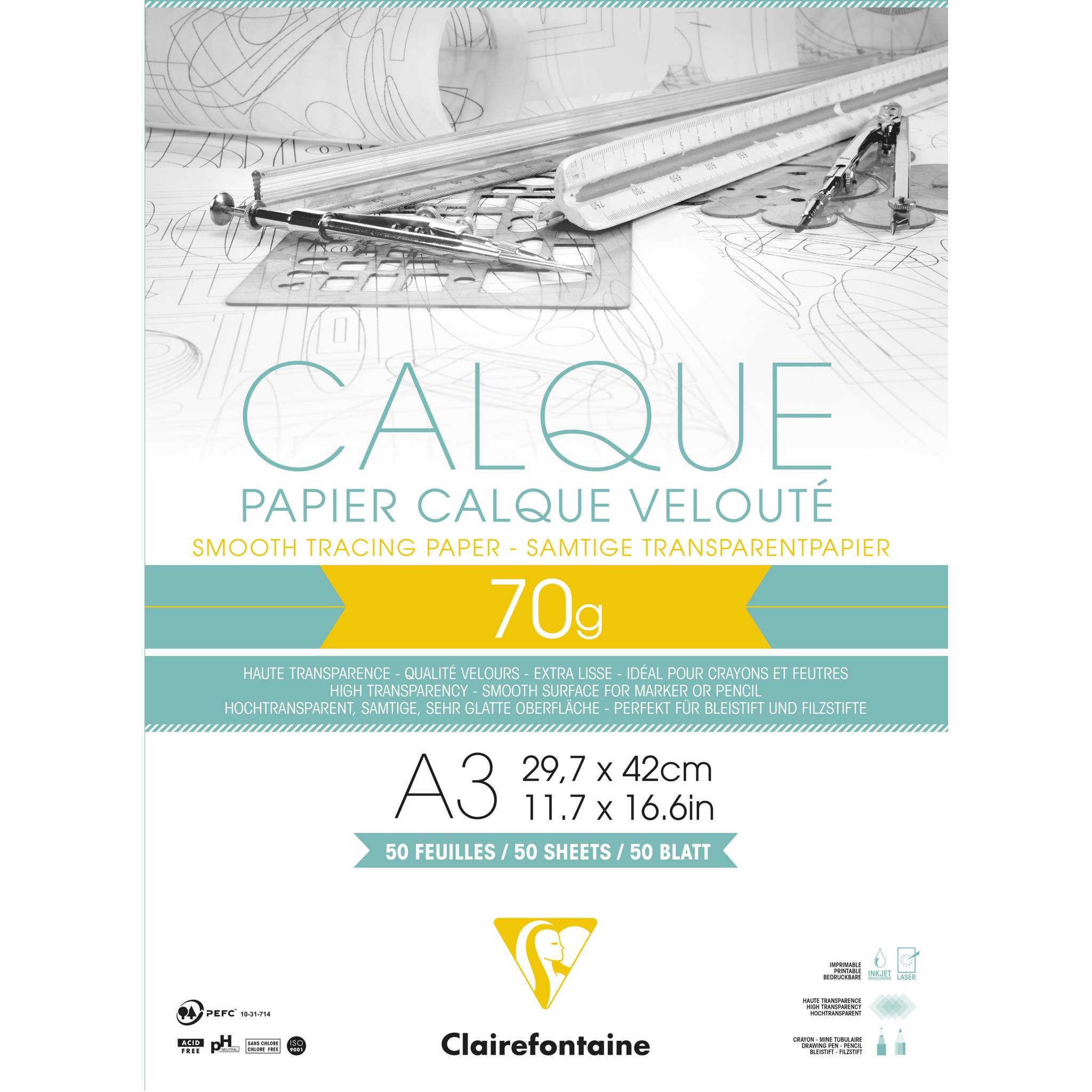 Clairefontaine Transparentpapier, Block geleimt mit 50 Blatt A3, 70/75g 96501C