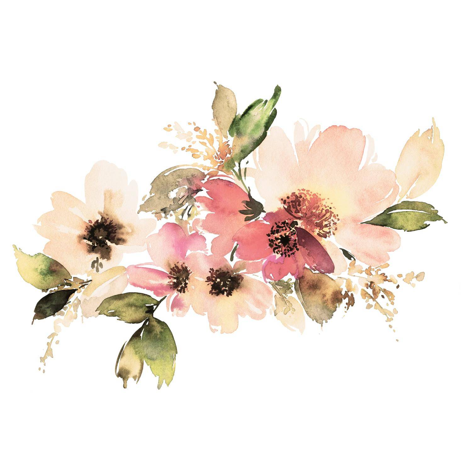 Aquarellblumenstillleben mit rosa, pfirsich- und cremefarbenen Blüten mit grünen Blättern auf weißem Hintergrund.