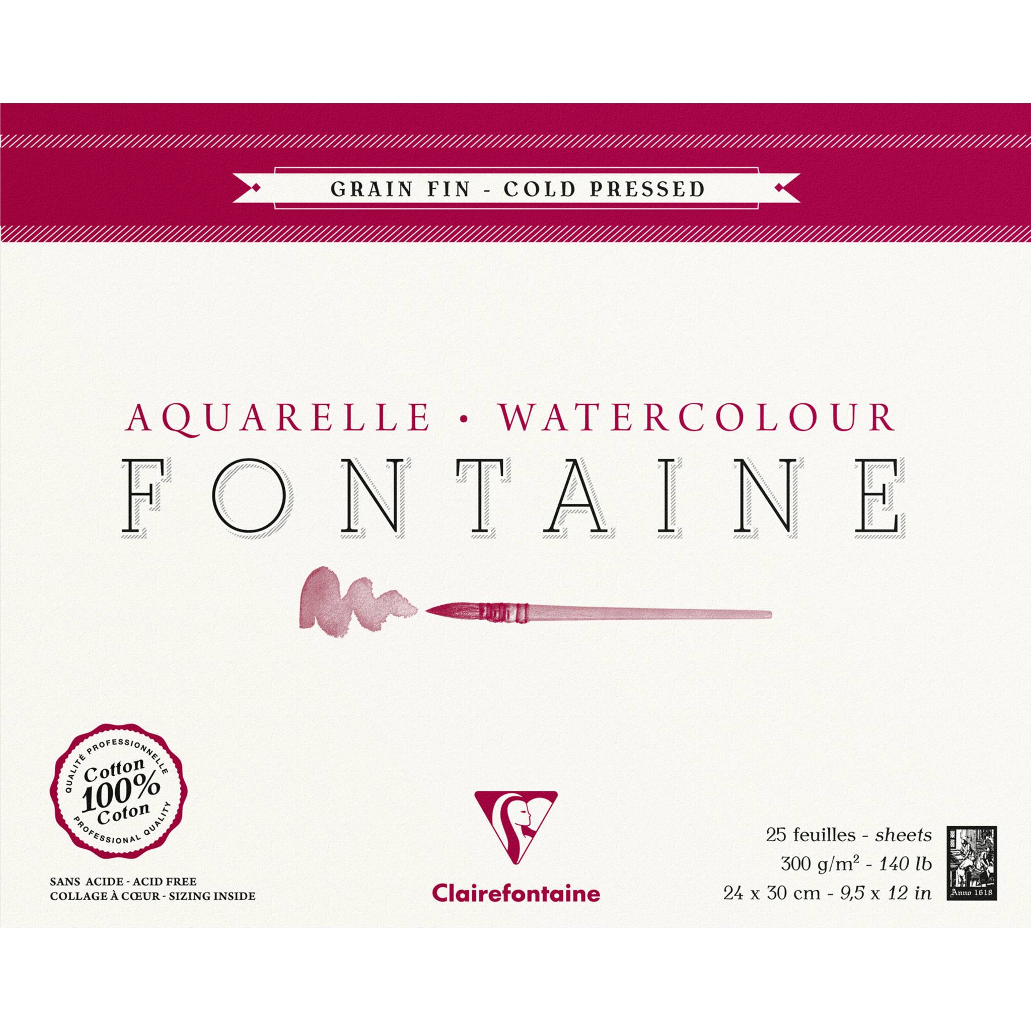 Clairefontaine Aquarellblock Fontaine, Hadern, 24x30cm, 25 Blatt weiß 96414C
