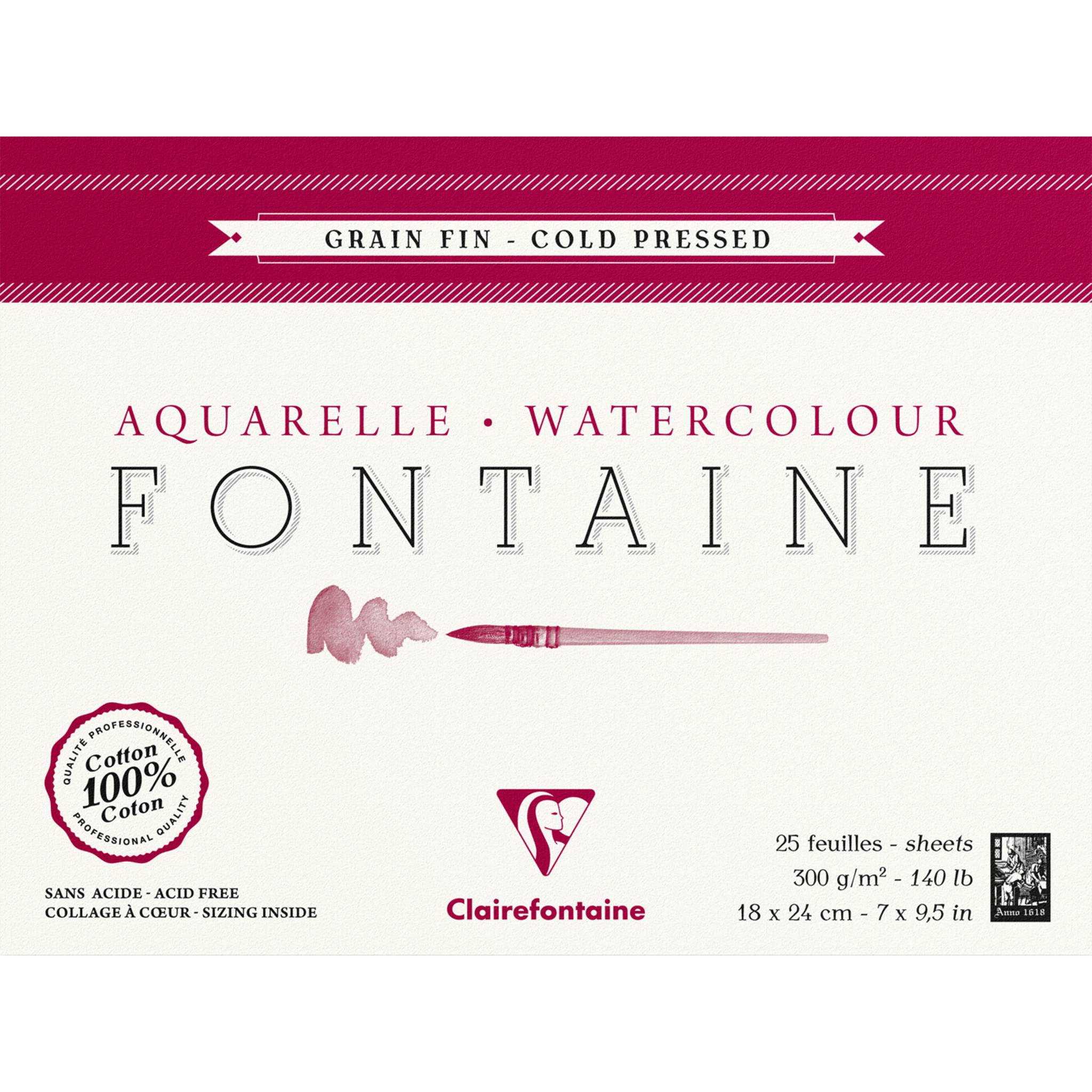 Clairefontaine Aquarellblock Fontaine, Hadern, 18x24, 25 Blatt weiß 96413C