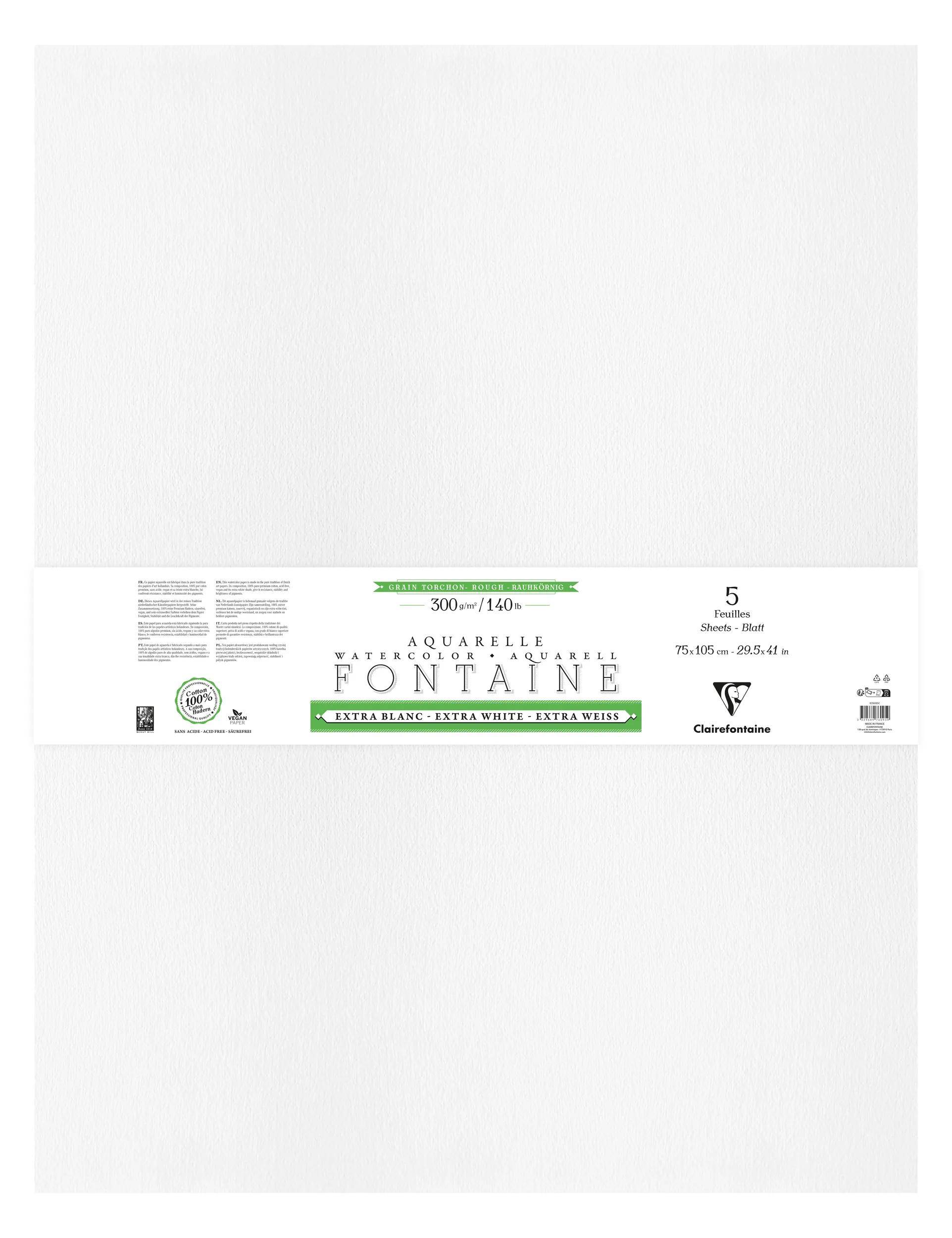 Clairefontaine Fontaine Extraweiß Torchon/rau, Pkg 5 Bogen 75x105cm 300g 976095C
