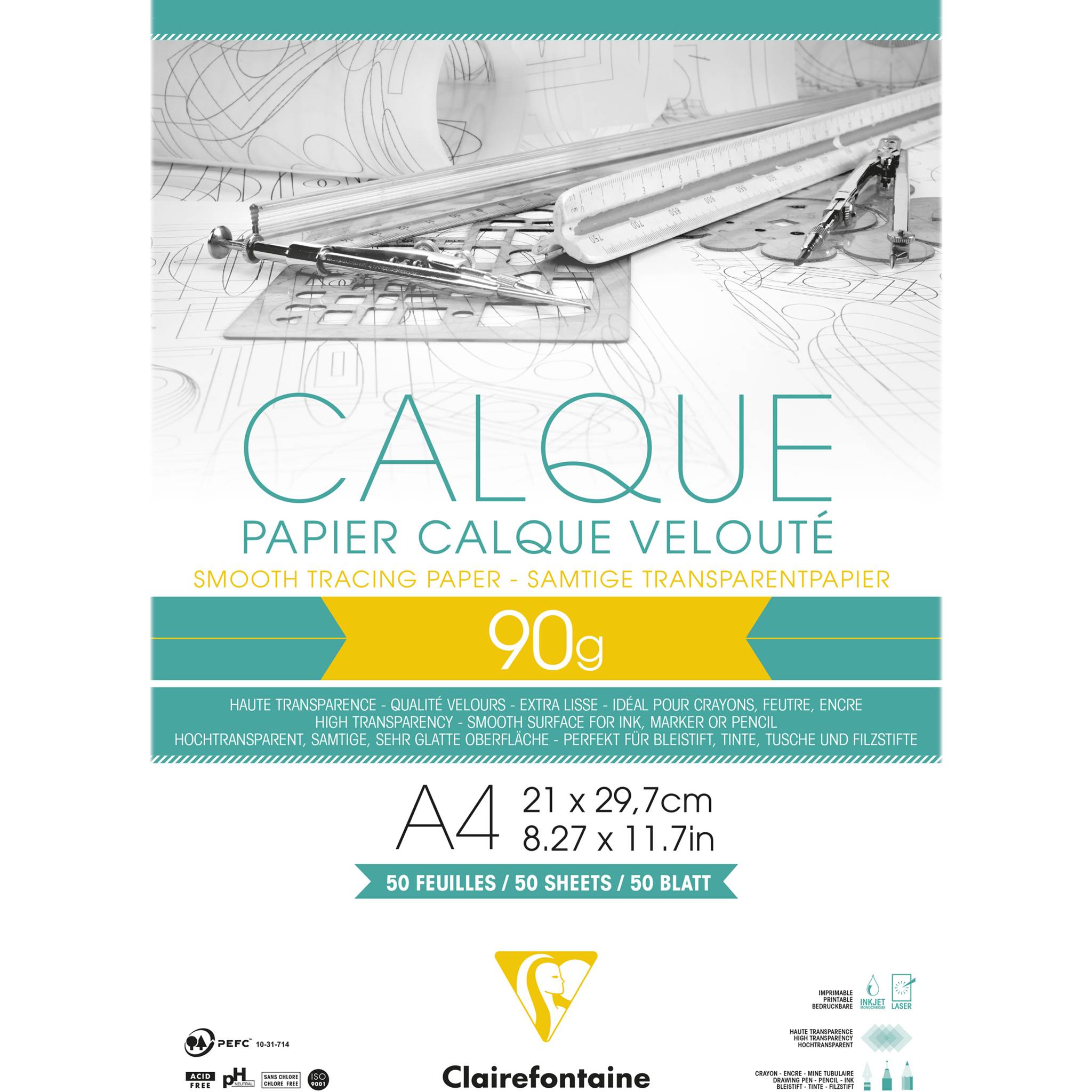 Clairefontaine Transparentpapier, Block geleimt mit 50 Blatt A4, 90/95g 97133C