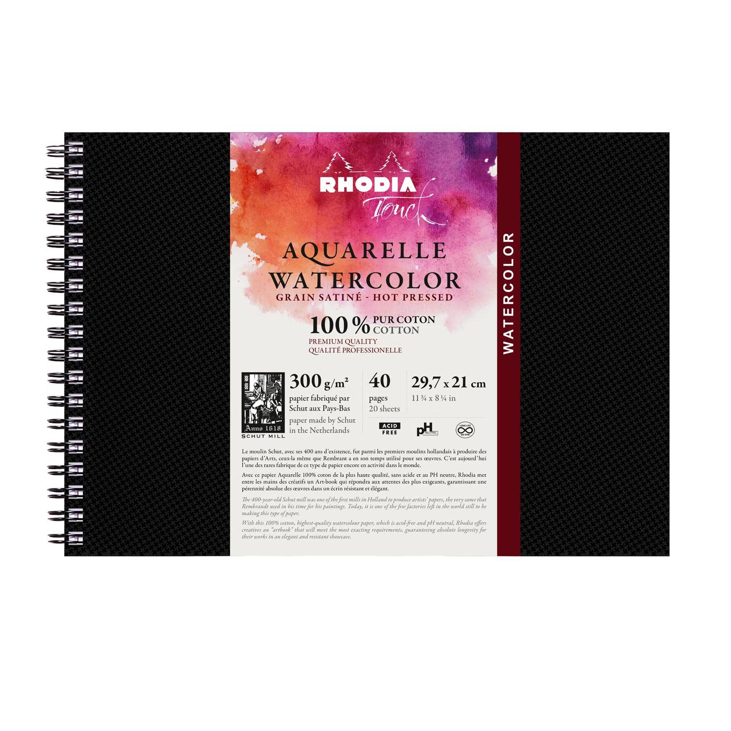 Rhodia Touch, Watercolor Book, 100% Hadern 300g, 20 Bl, A4 Quer Schwarz 116164C