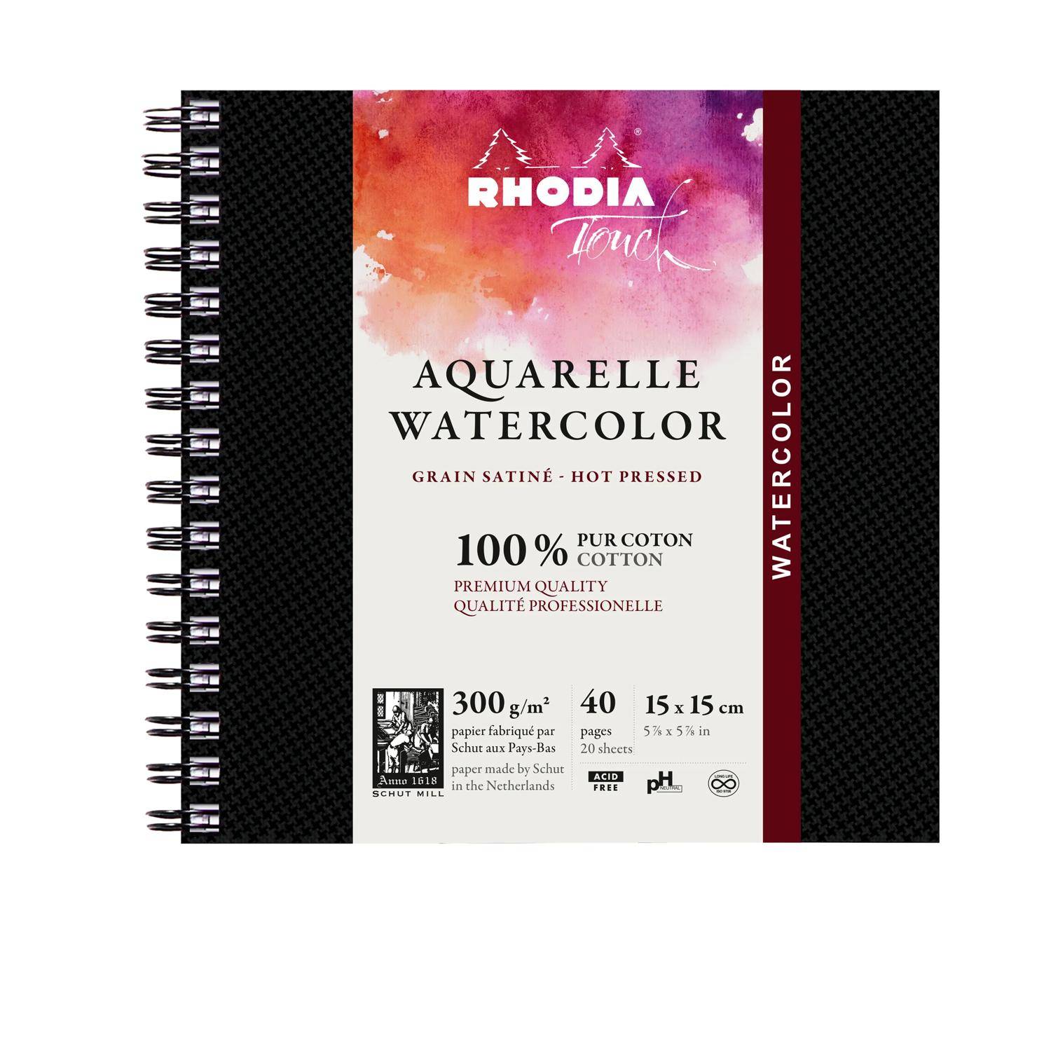 Rhodia Touch, Watercolor Book, 100% Hadern 300g, 20 Bl, 15x15 cm Schwarz 116168C