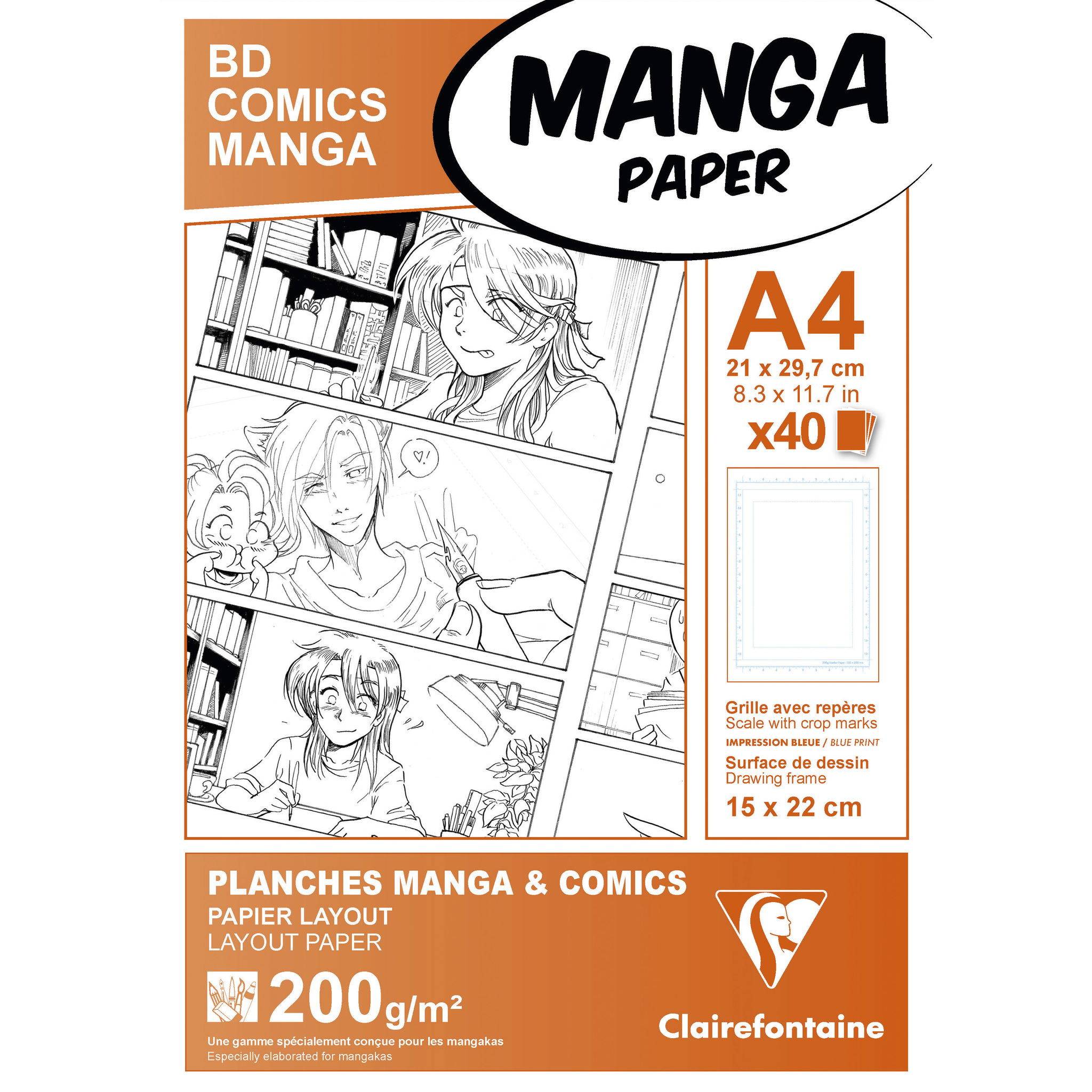 Clairefontaine Papier Manga, Packung/Etui 40 Bl A4 200g, einfachem Raster 94045C